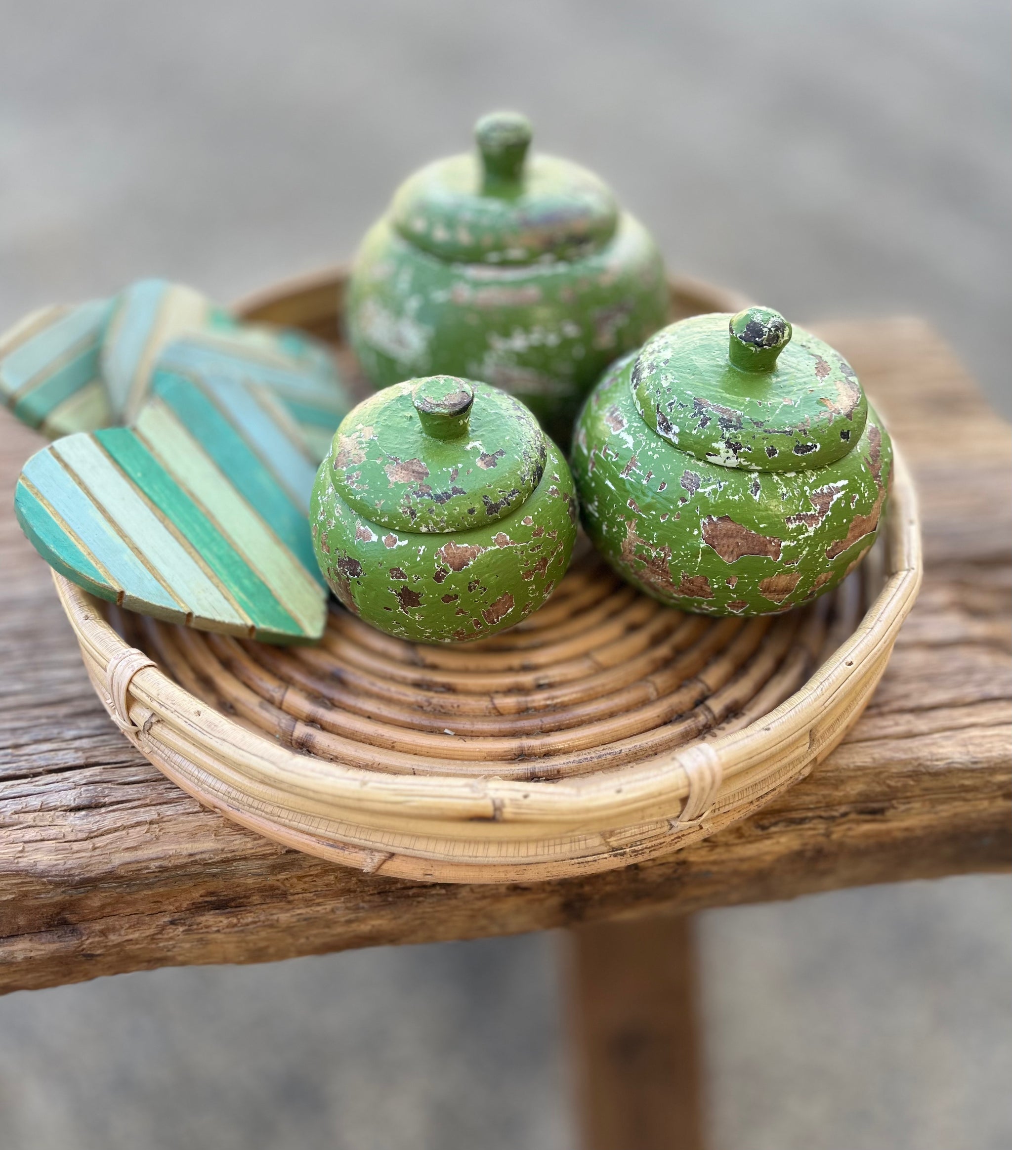 Set 3 rustic green timber pots with lids