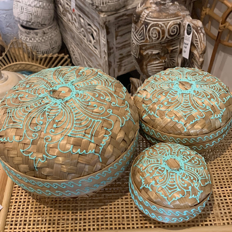 Natural and Turquoise set 3 container with lids. Hand painted mandala. Usually $95