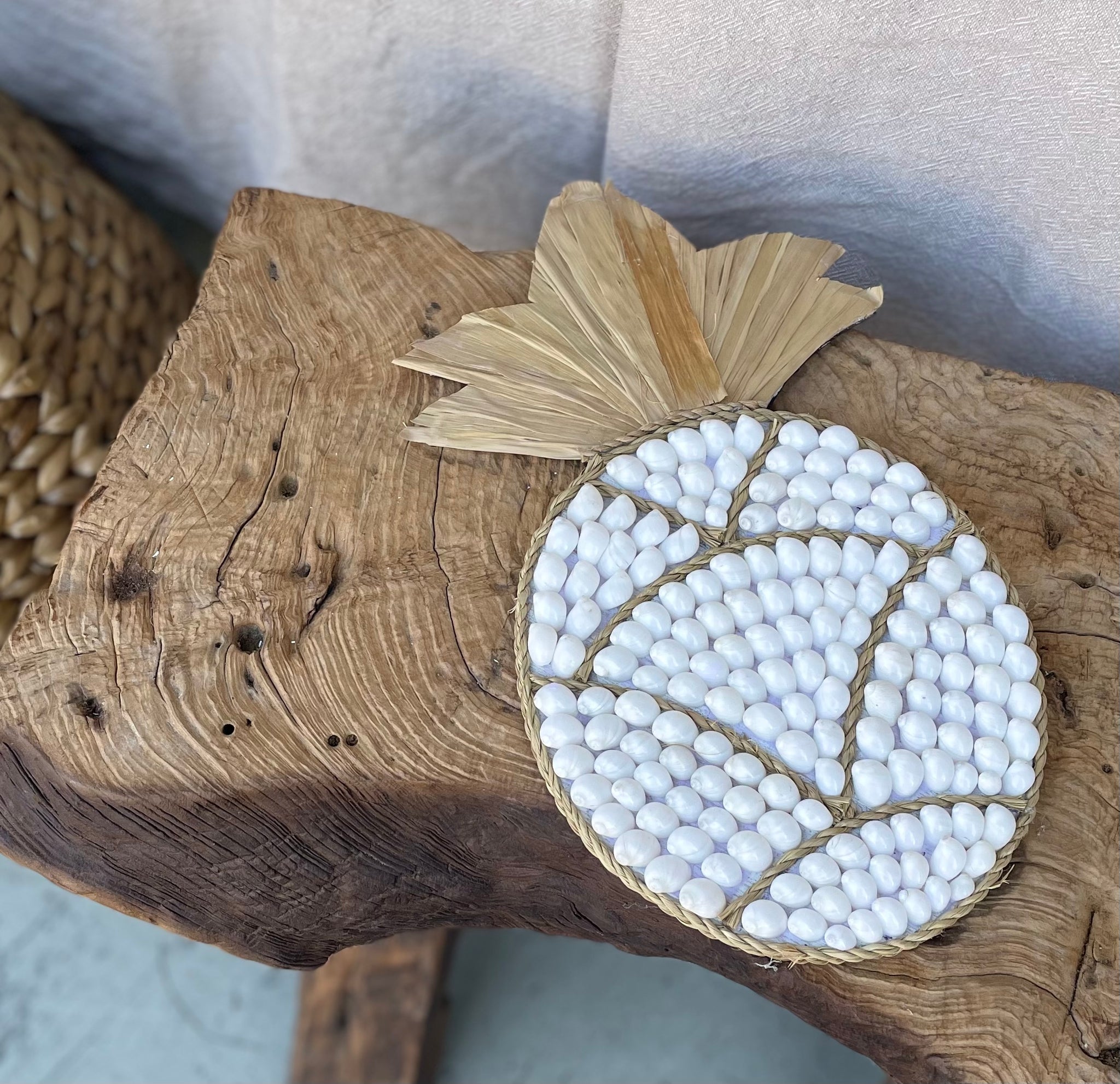 Shell and raffia pineapple hanging. White shell