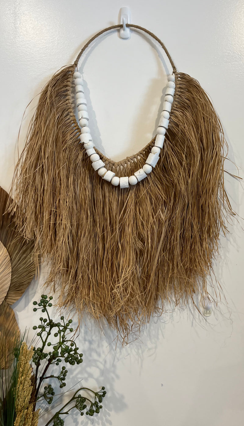 Raffia hanging with rustic white timber detail. 70cm hang