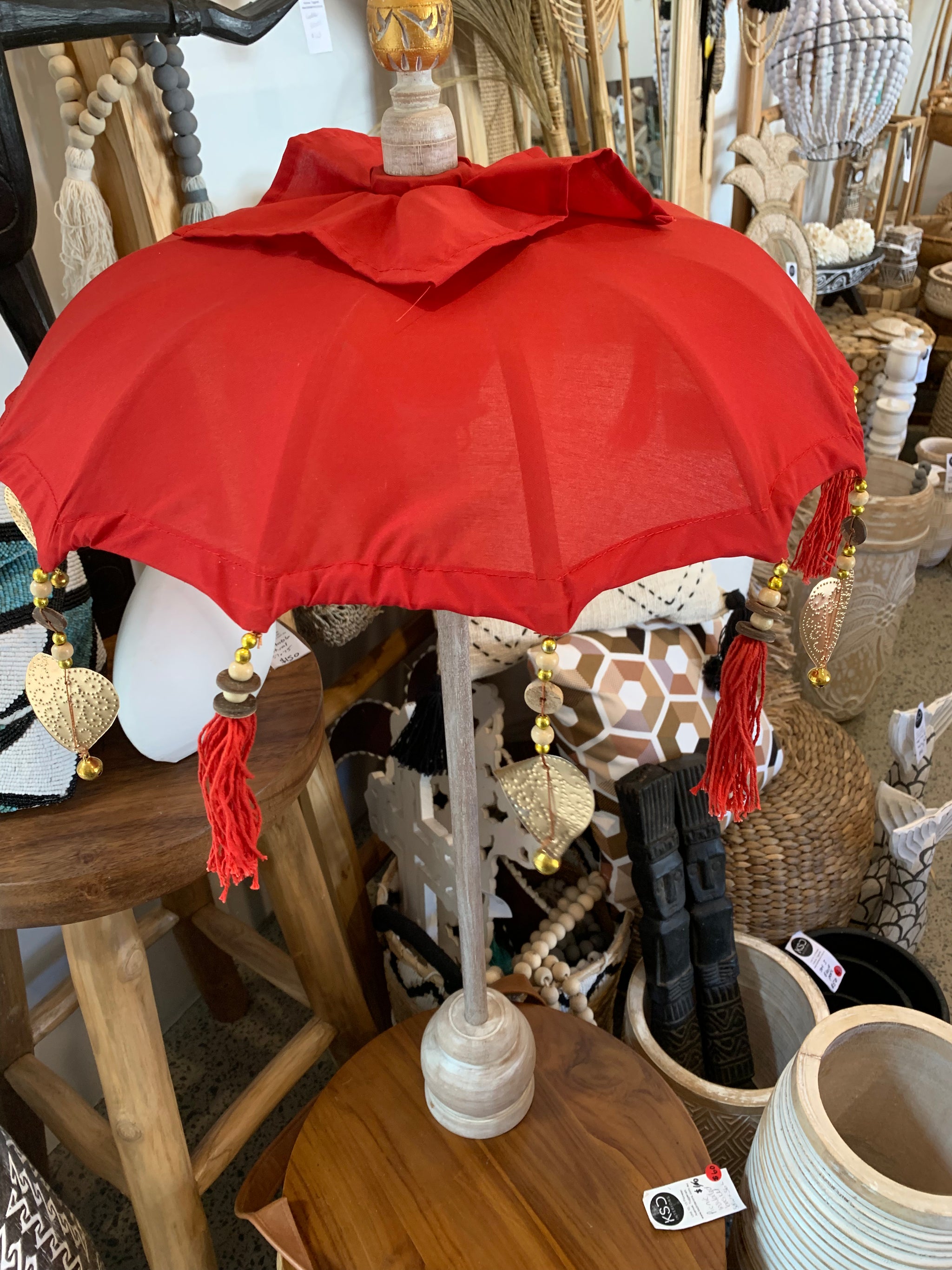 Red Tabletop Umbrella with plain design. EOFY sale. Usually $50