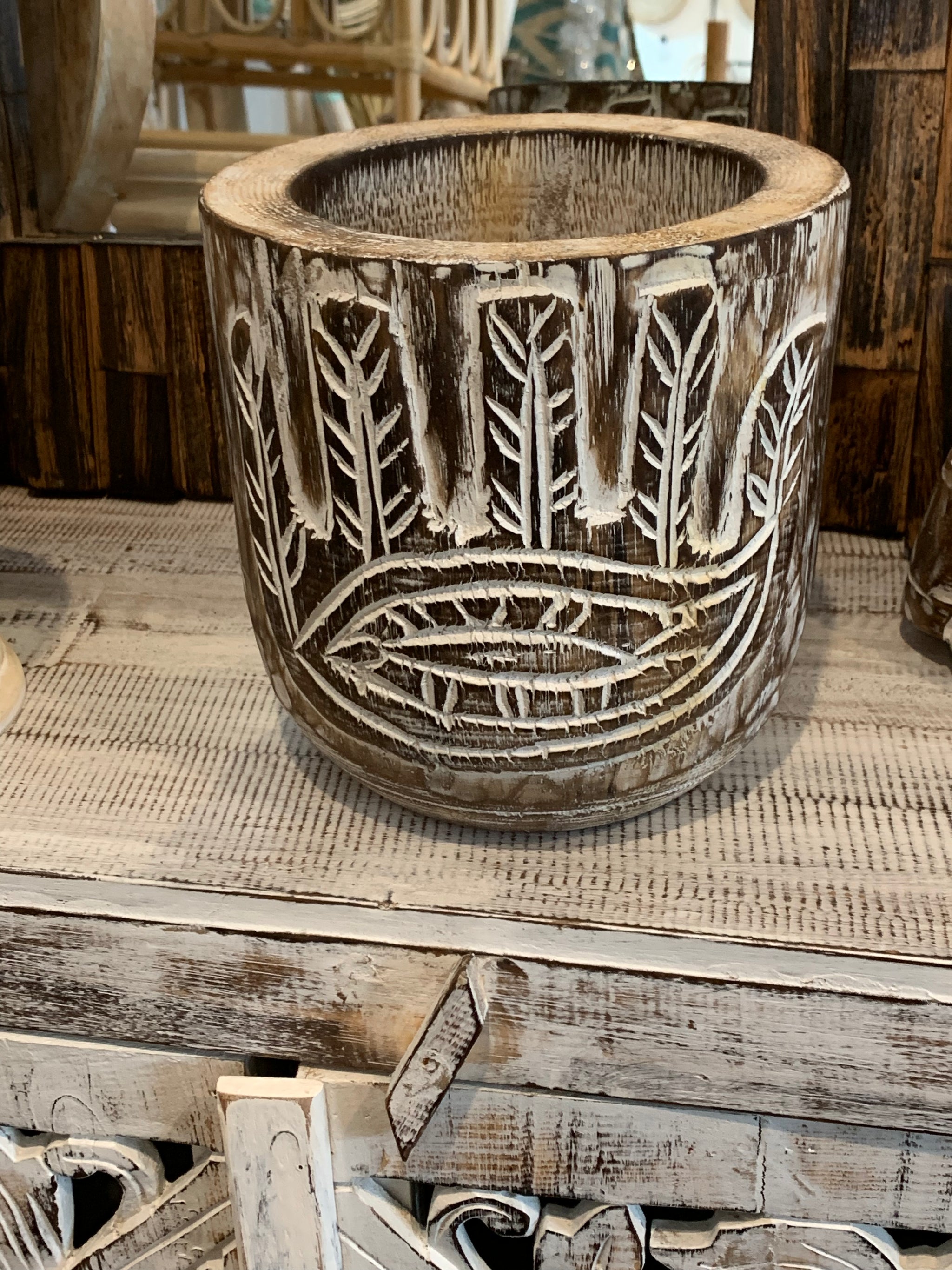 Brown timber vase / pot. Hamsa hand carving