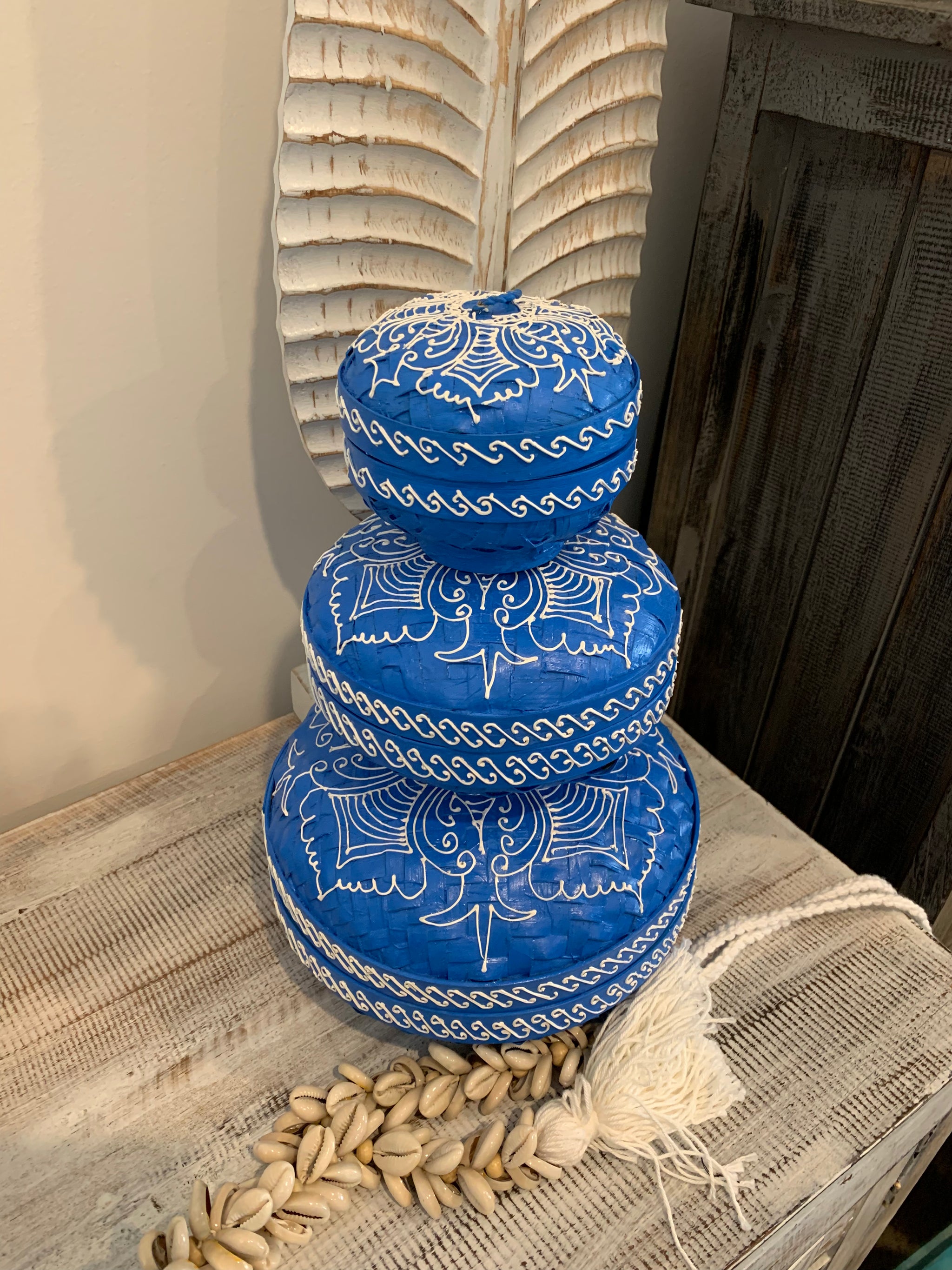 Blue set 3 container with lids. Hand painted mandala. Usually $95