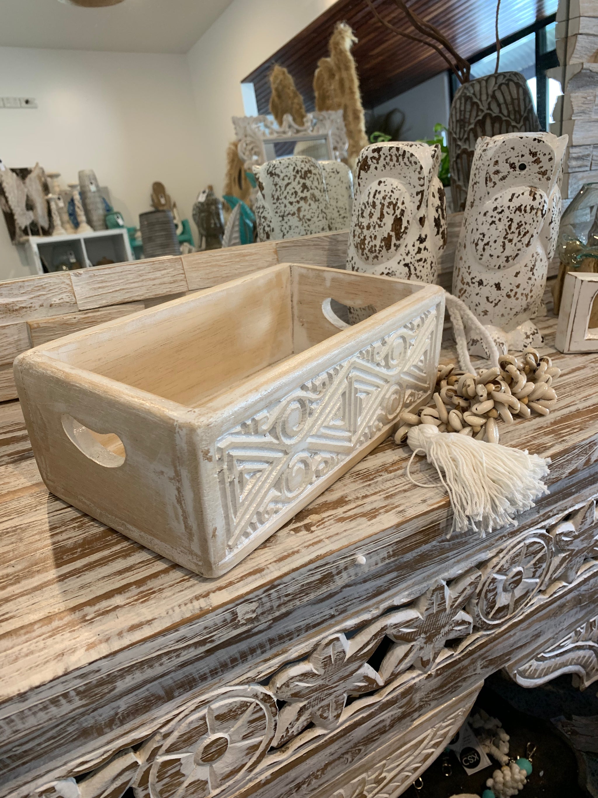 Set 3 carved timber boxes. White wash