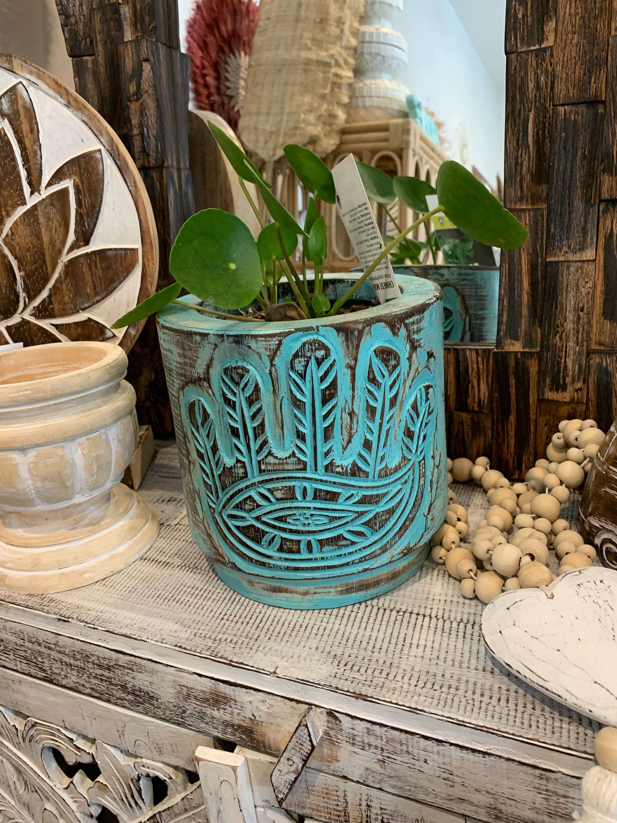 Turquoise / green timber vase / pot. Hamsa hand carving