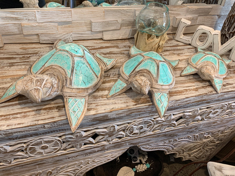 Set 3 turquoise timber turtles. Larger style