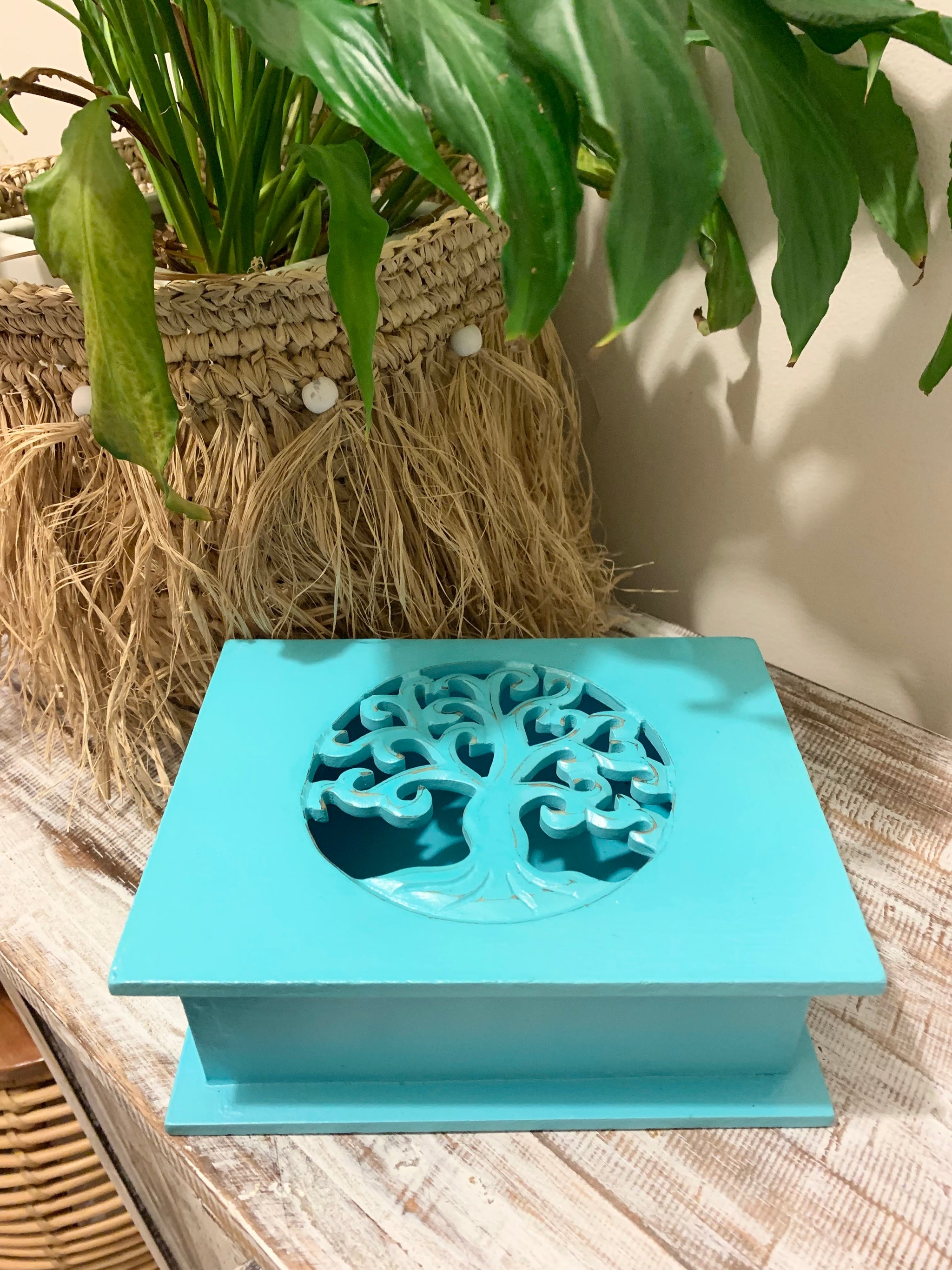 Carved tree of life aqua box with hinged lid. Jewellery / storage. Medium