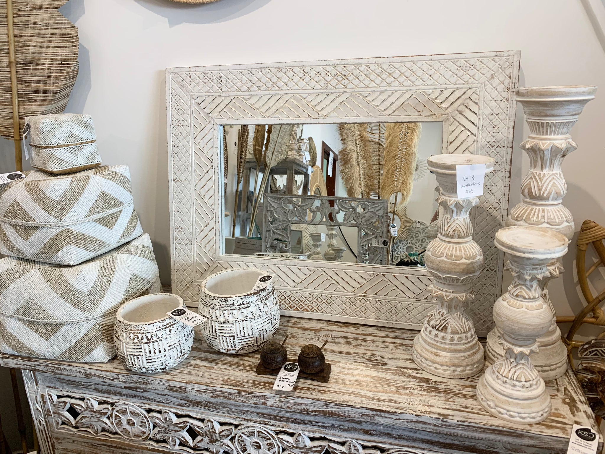 White carved timber mirror