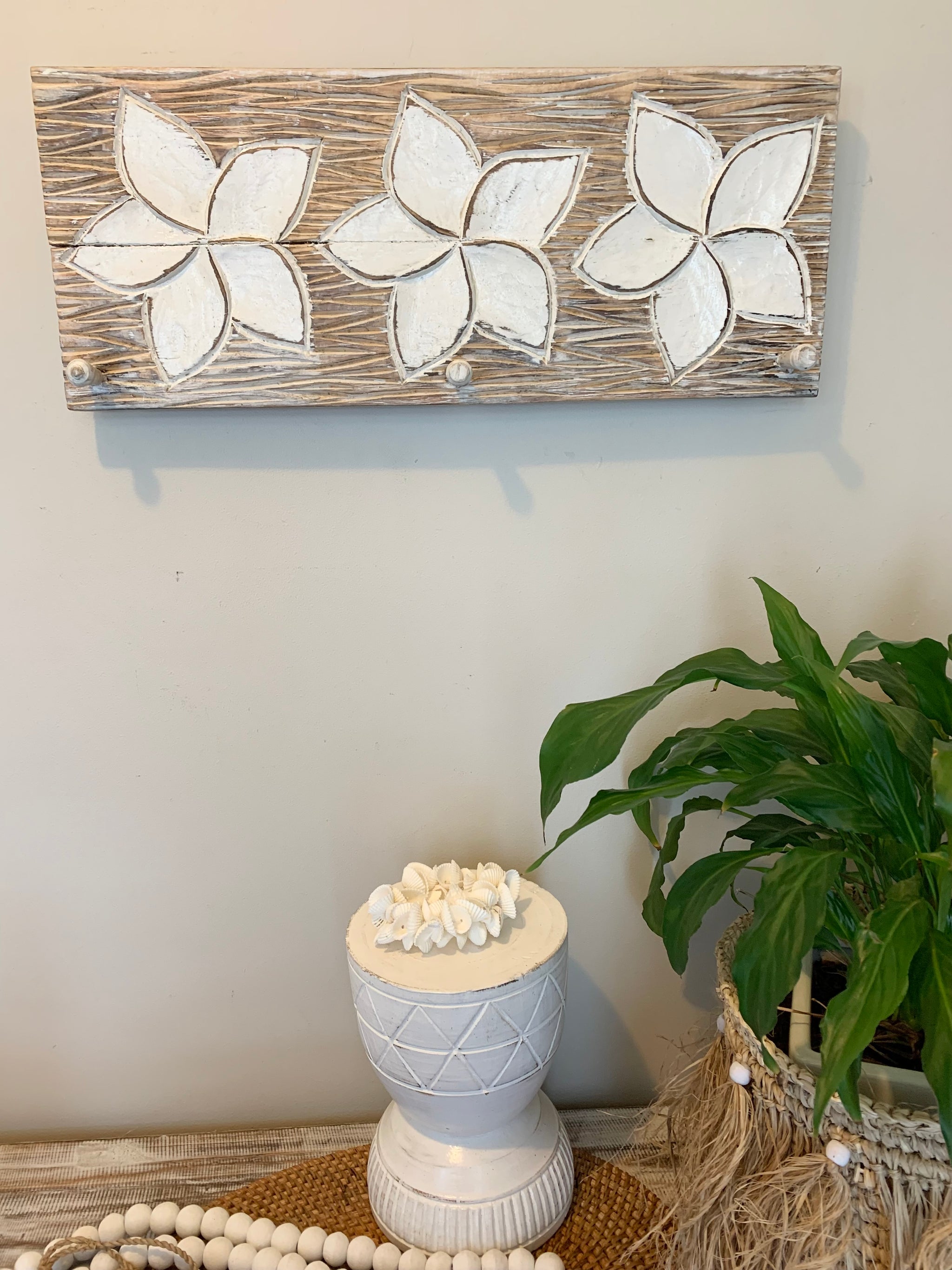 Flower timber coat rack / hook. White flower