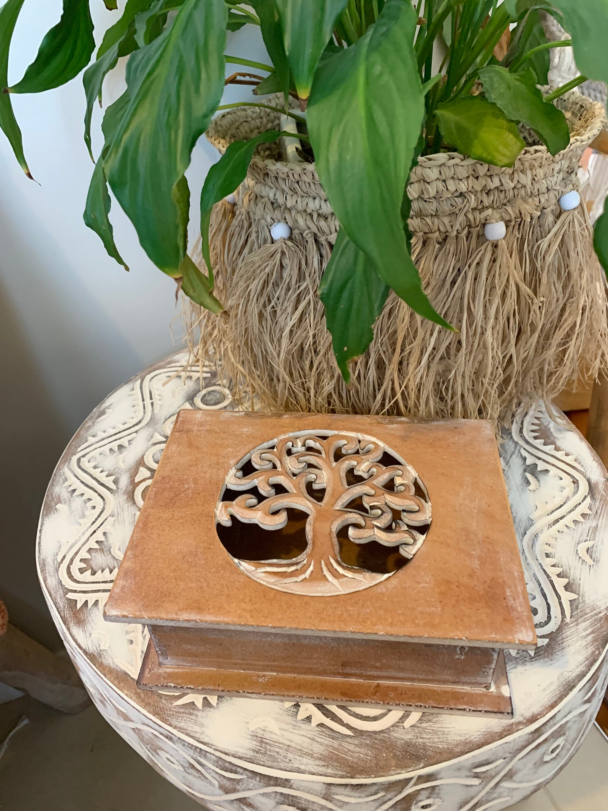 Set of 3 Carved tree of life brown boxes with hinged lid. Jewellery / storage