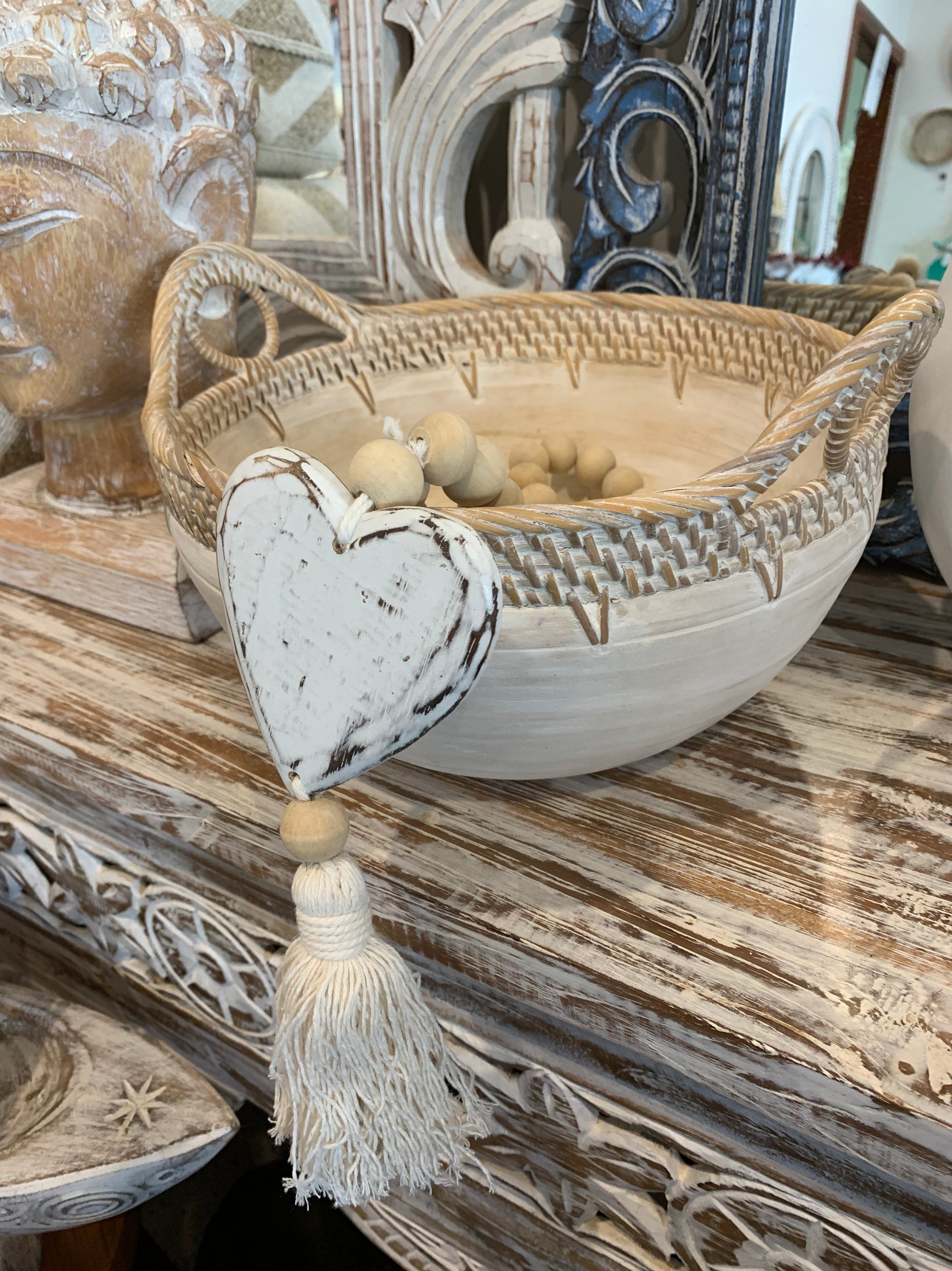 White bowl with decorative trim and handles M