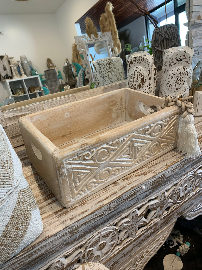 Set 3 carved timber boxes. White wash