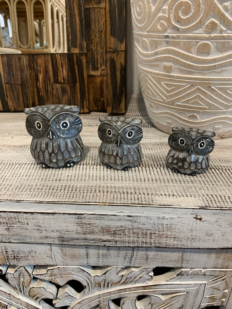 Grey timber owls. Set 3. Handpainted and handcarved.