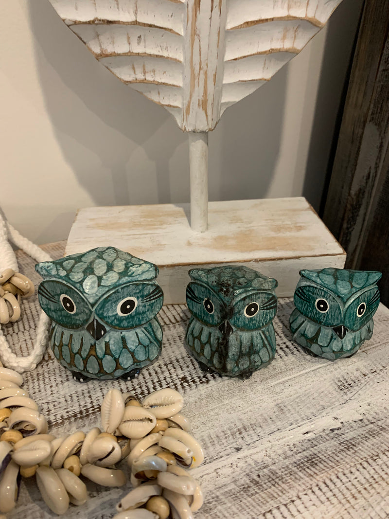 Green timber owls. Set 3. Handpainted and handcarved.