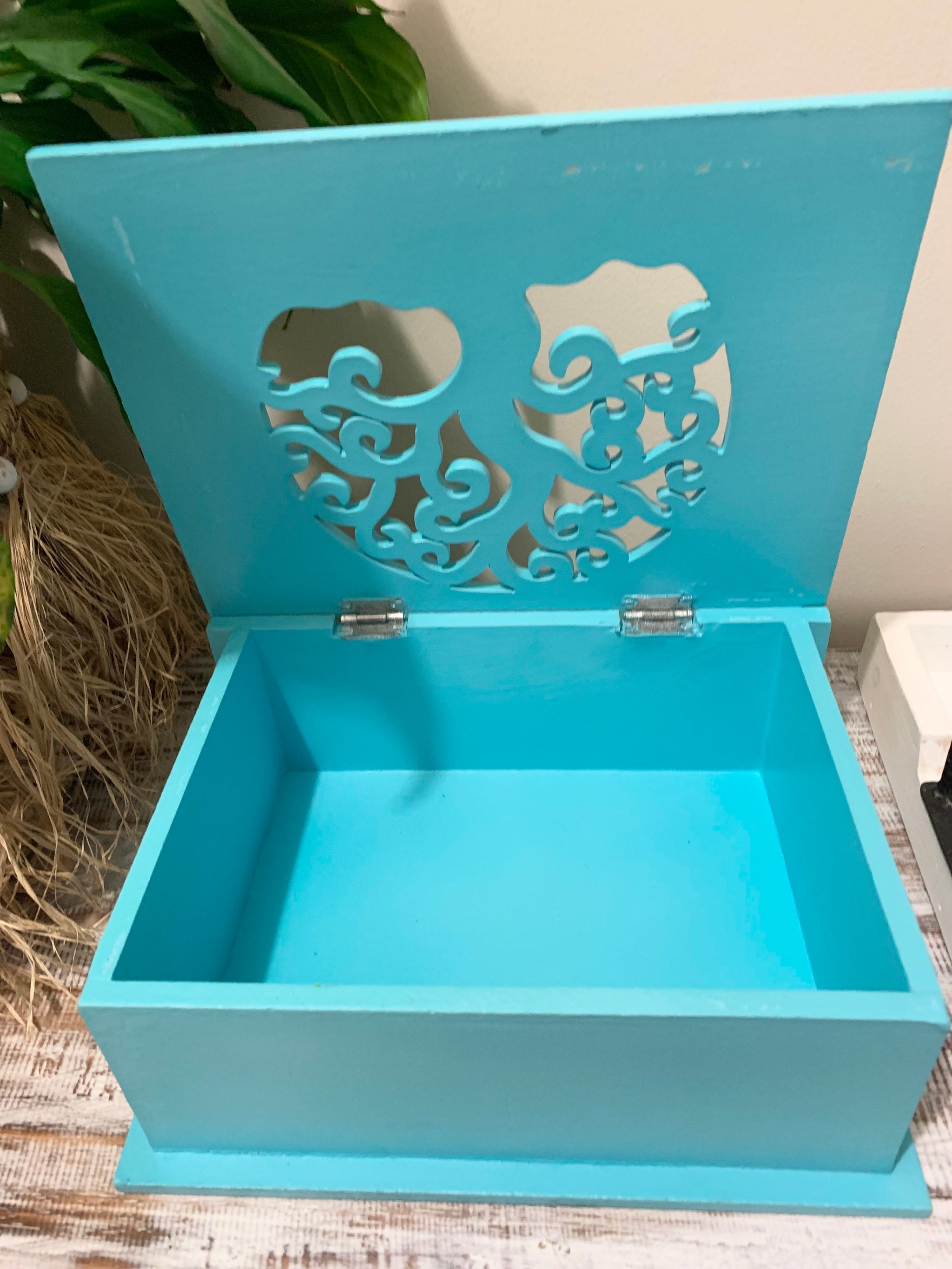 Carved tree of life aqua box with hinged lid. Jewellery / storage. Large. 24cm w