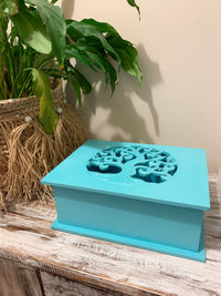 Carved tree of life aqua box with hinged lid. Jewellery / storage. Large. 24cm w