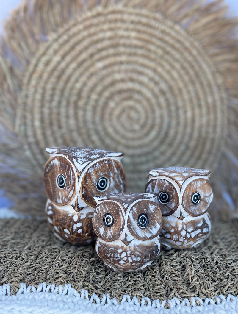 Brown rustic timber owls. Set 3