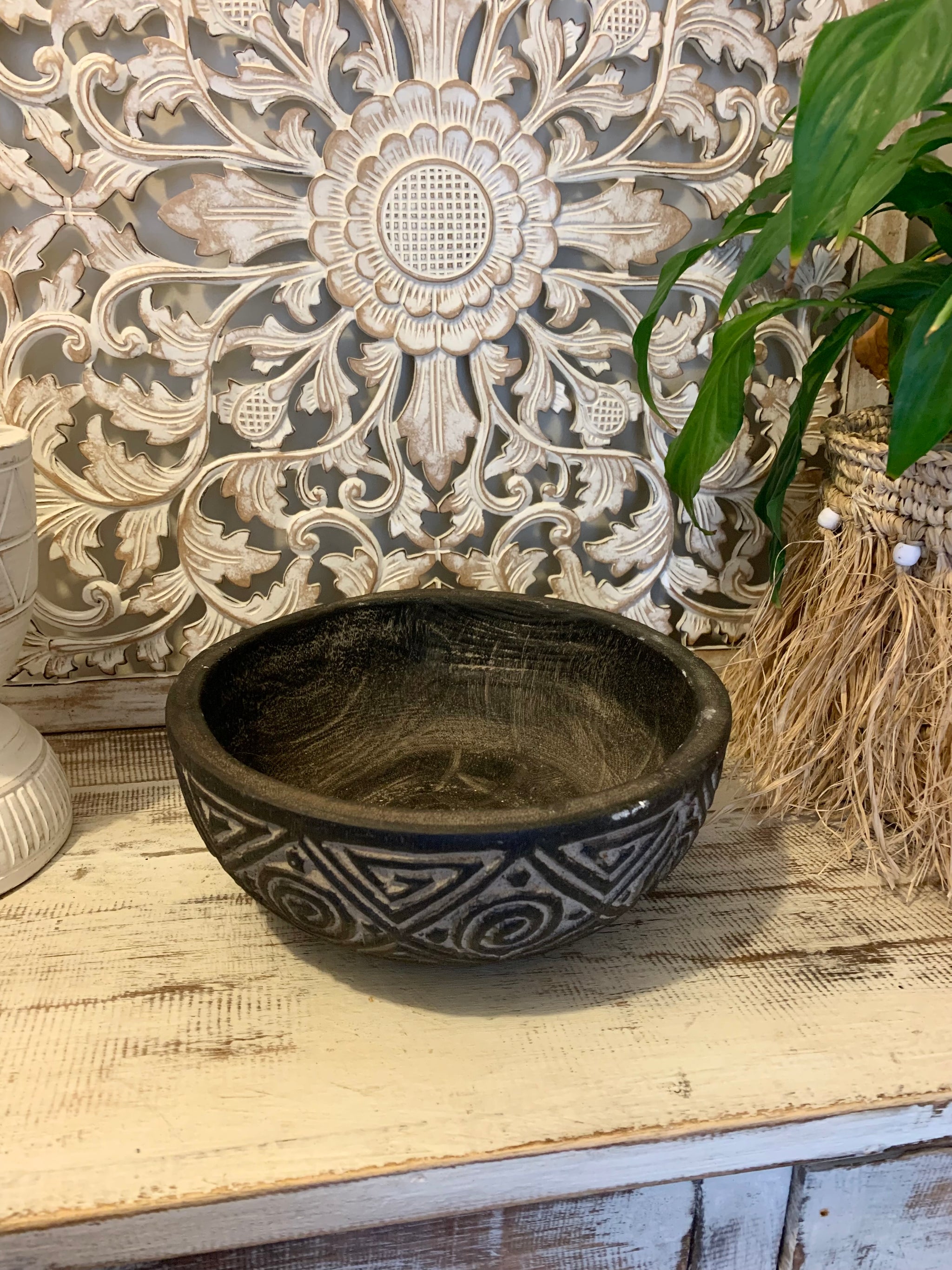 Black handcarved timber decorative bowl 25cm x 9cm