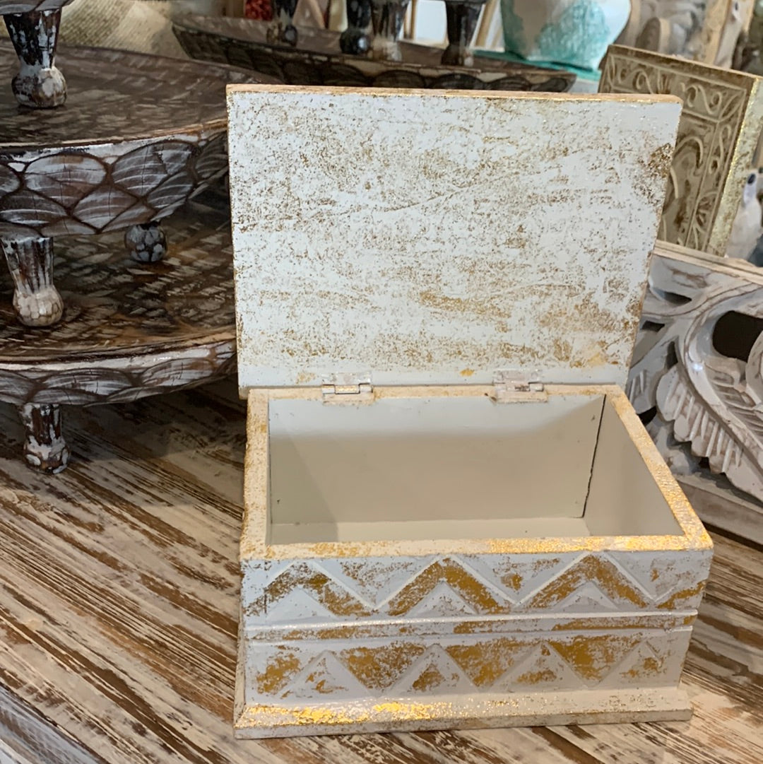 Handcarved white wash and gold storage box / jewellery box