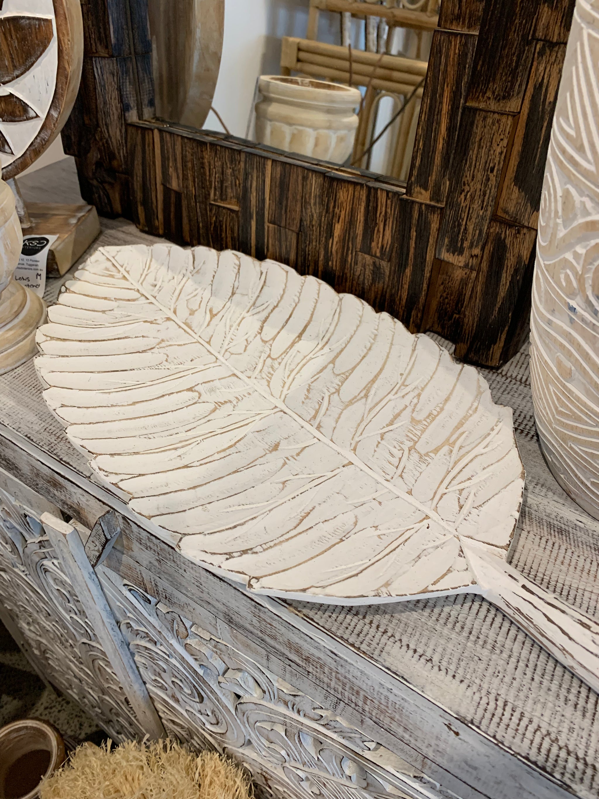 Timber leaf platter. Rustic white finish. Large