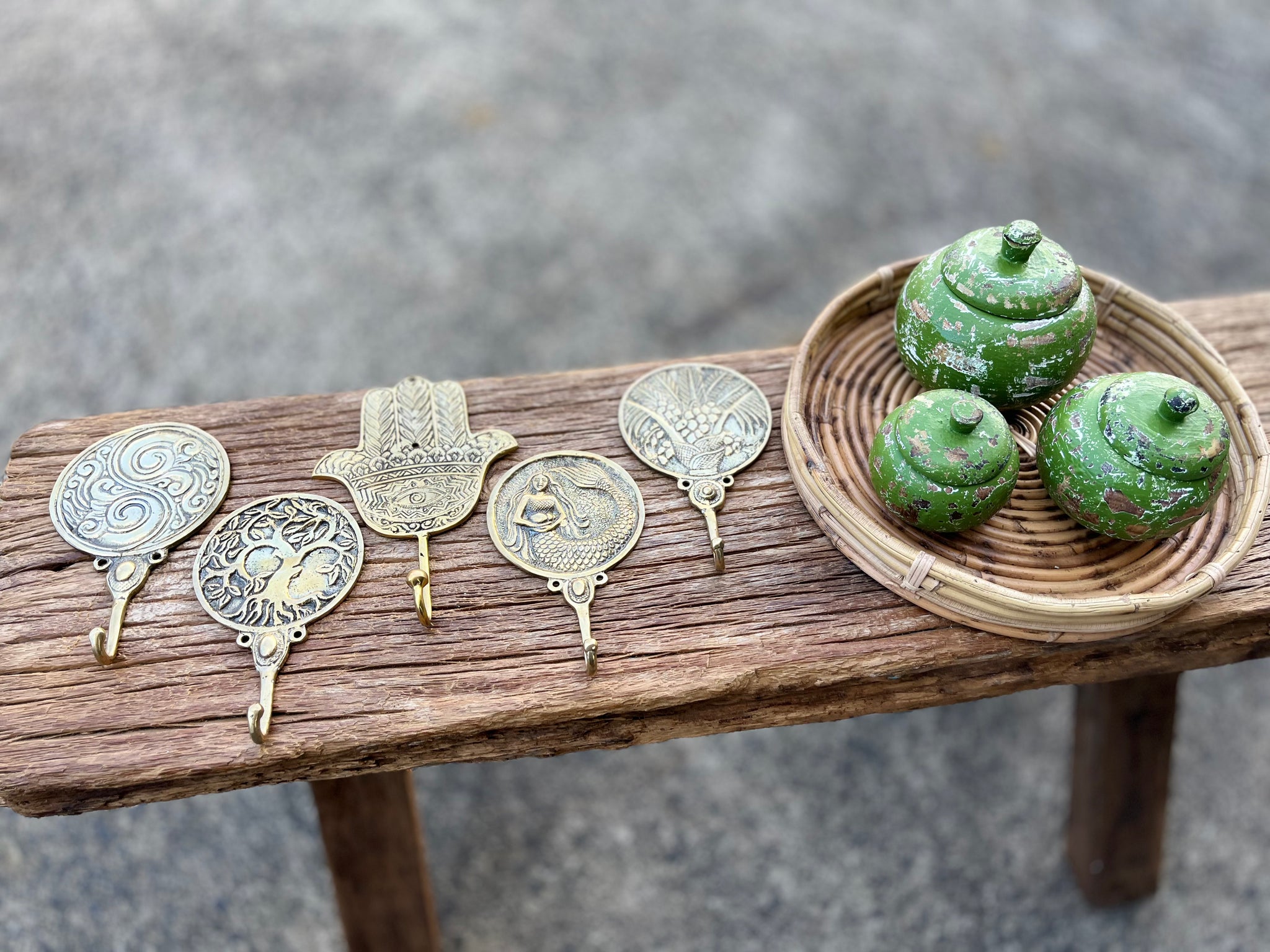 Set 3 rustic green timber pots with lids