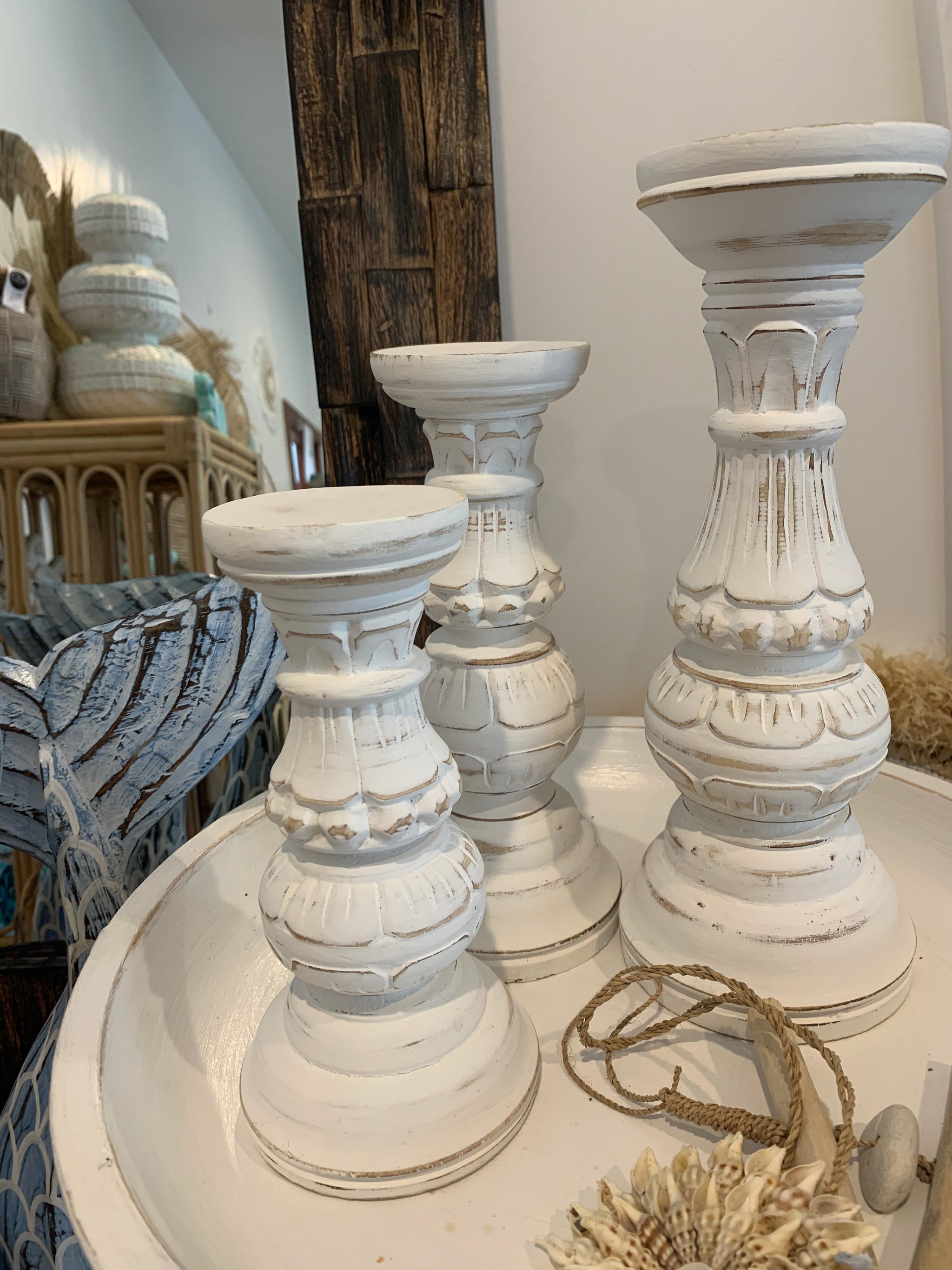 Rustic white timber candlesticks. Set 3