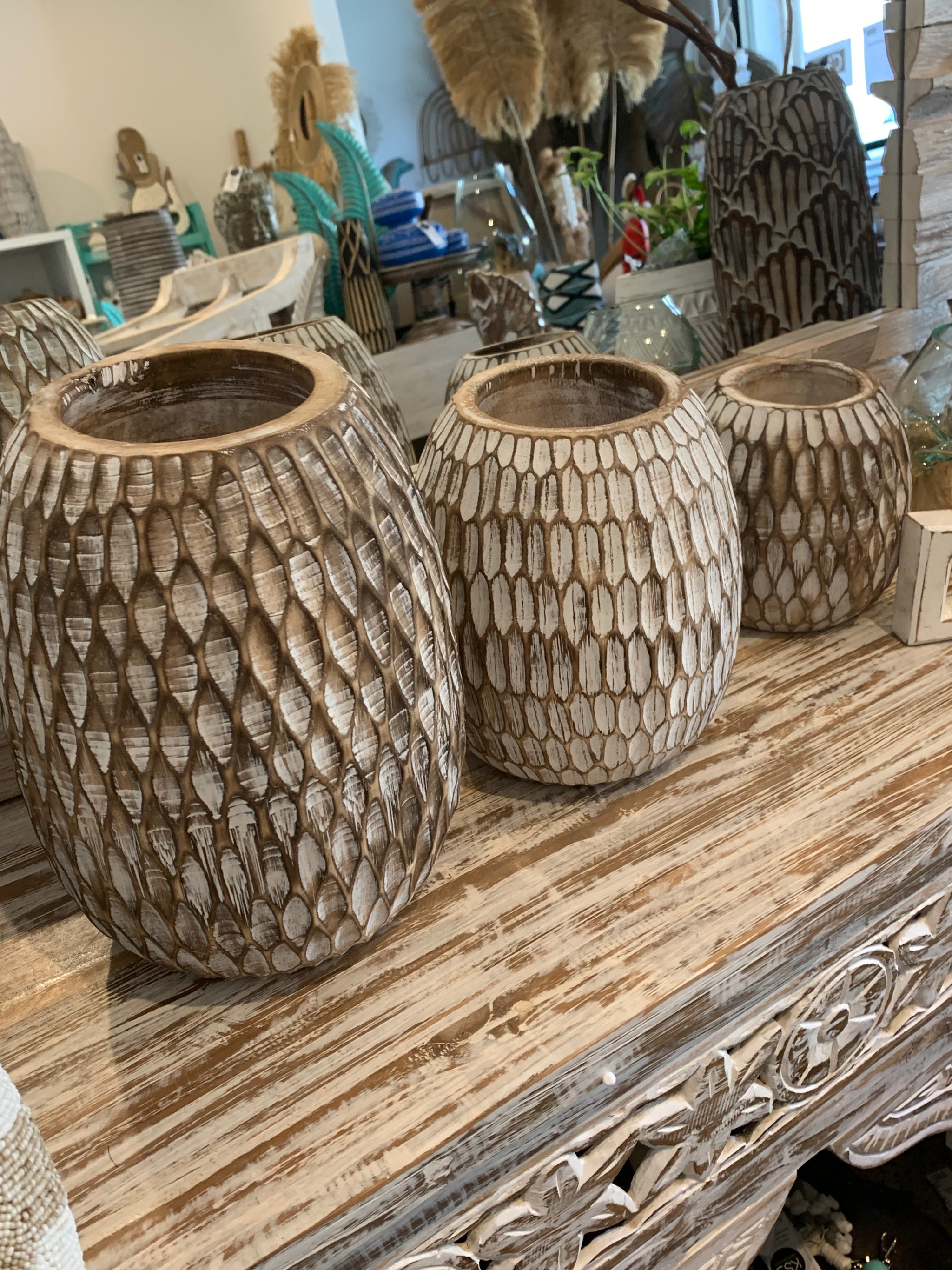 Set 3 Brown timber vases