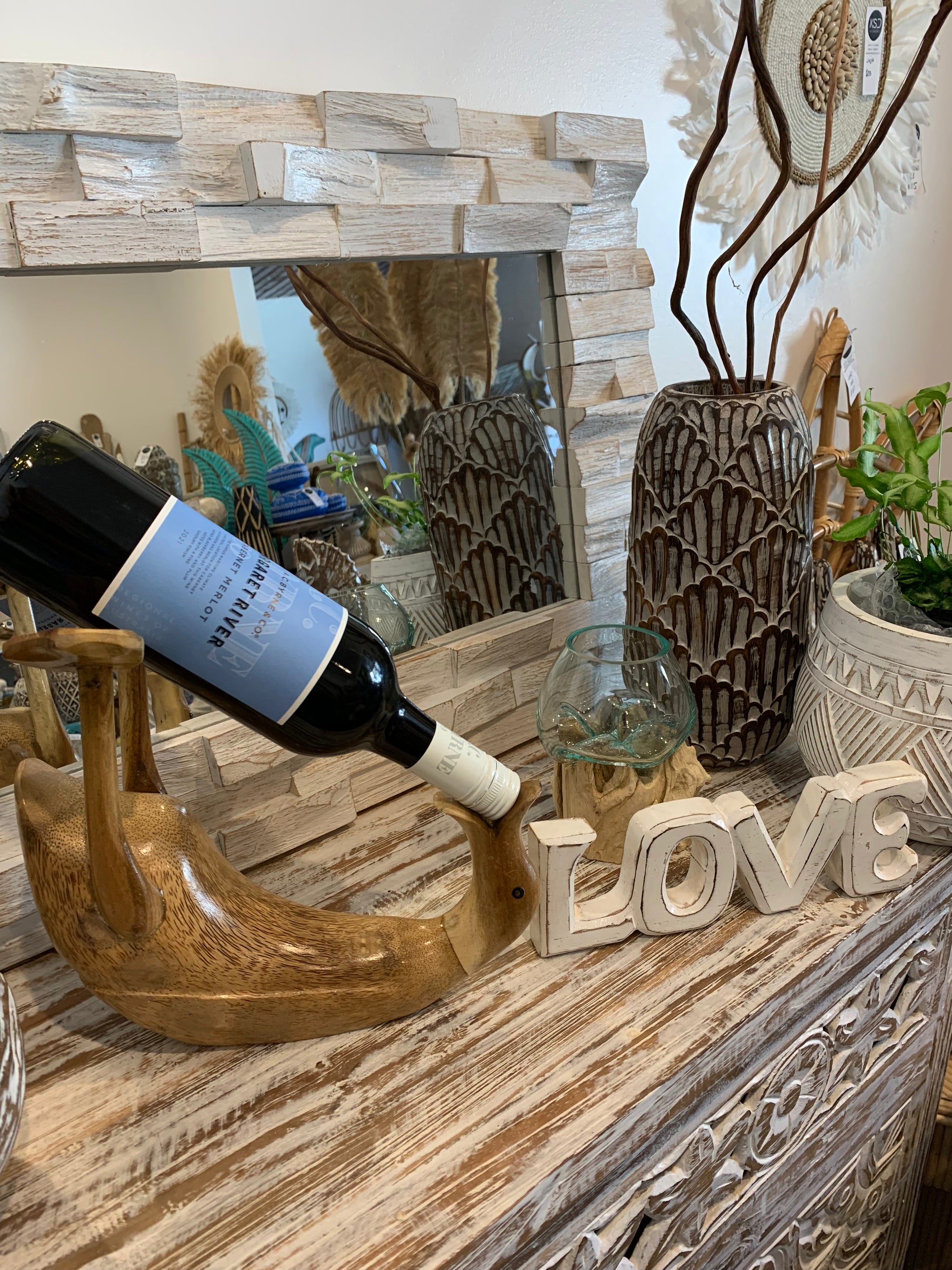 Natural timber duck wine holder. - Bali Beach Beyond