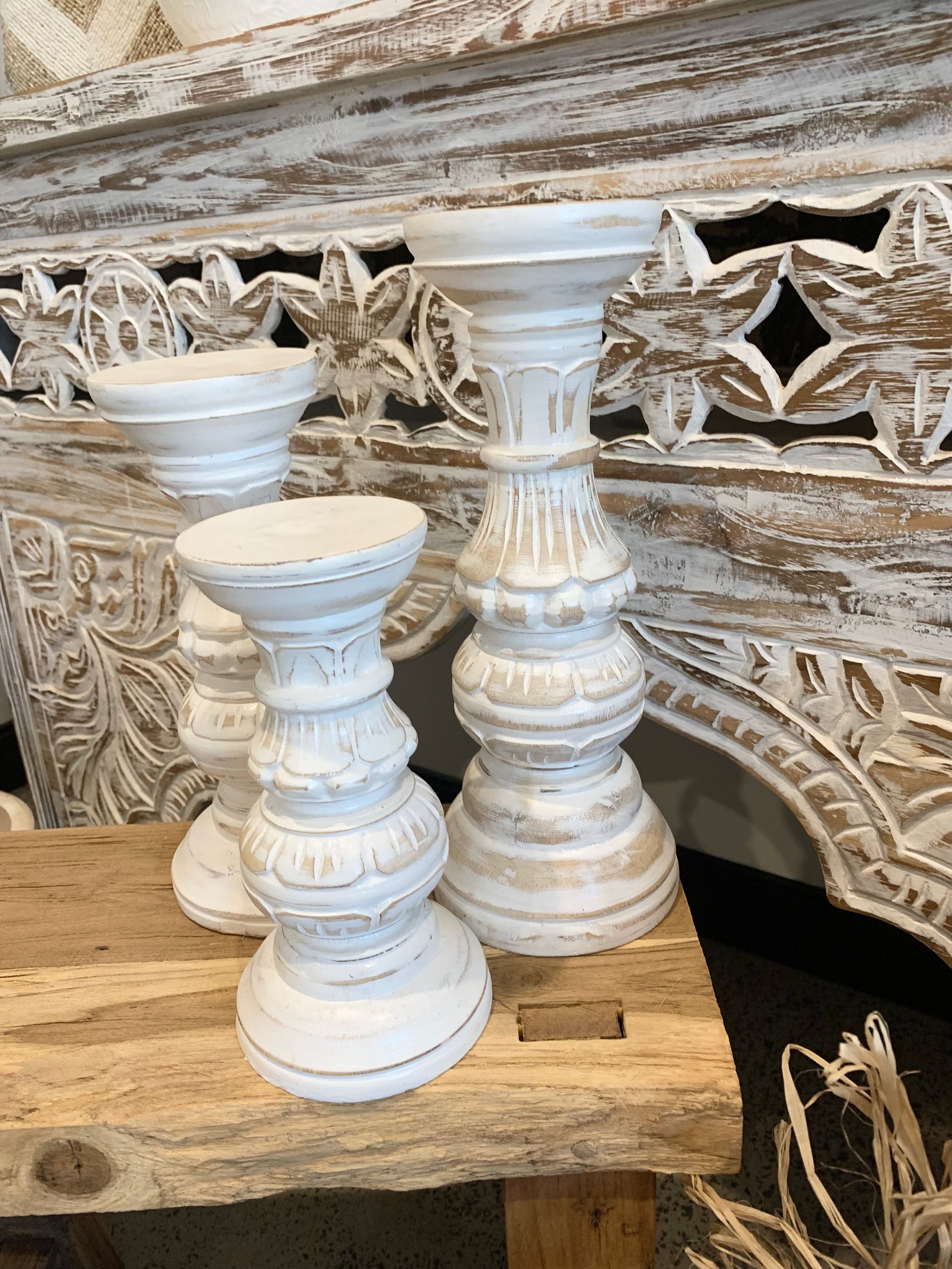 Set 3 white wash candlesticks 20, 25, 30