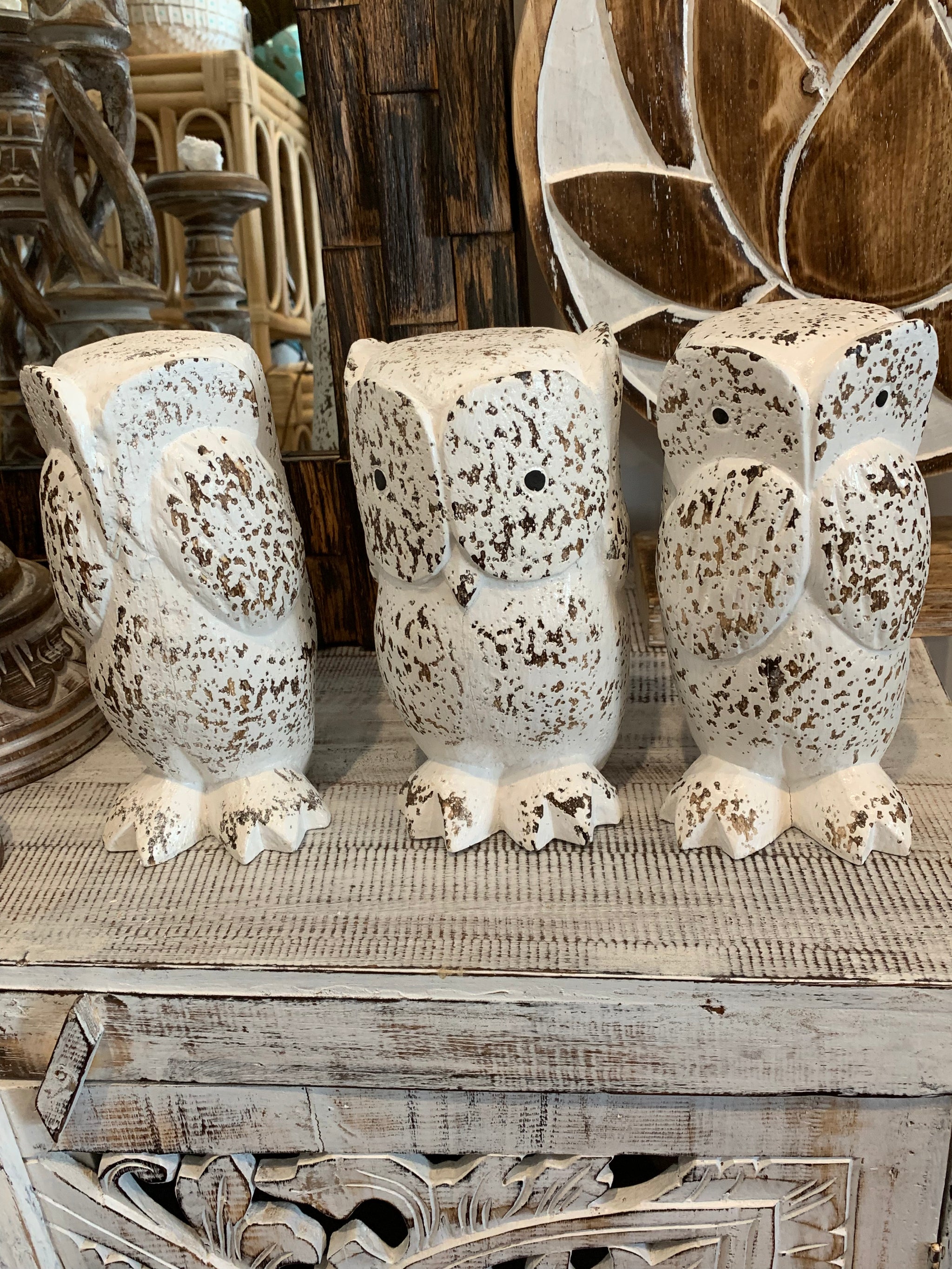 See no evil, hear no evil, speak no evil. Timber owls. Set 3. Rustic white finish. EOFY sale. Usually $40