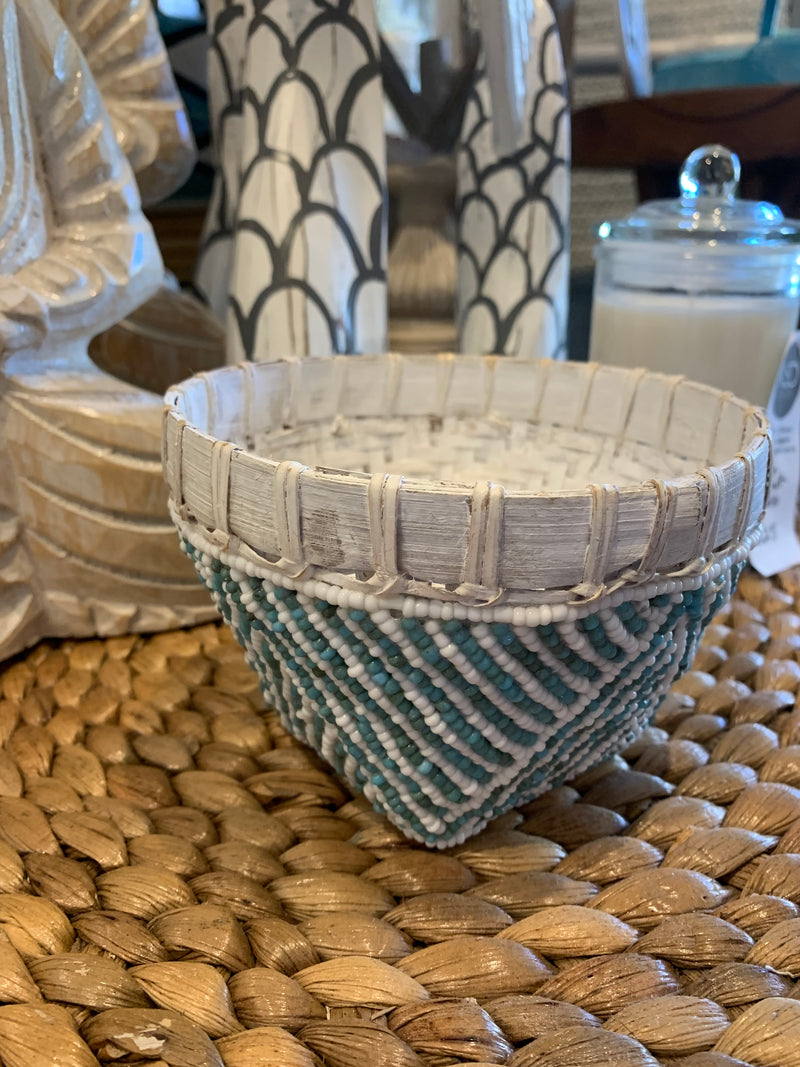 Blue and white beaded bowl / container