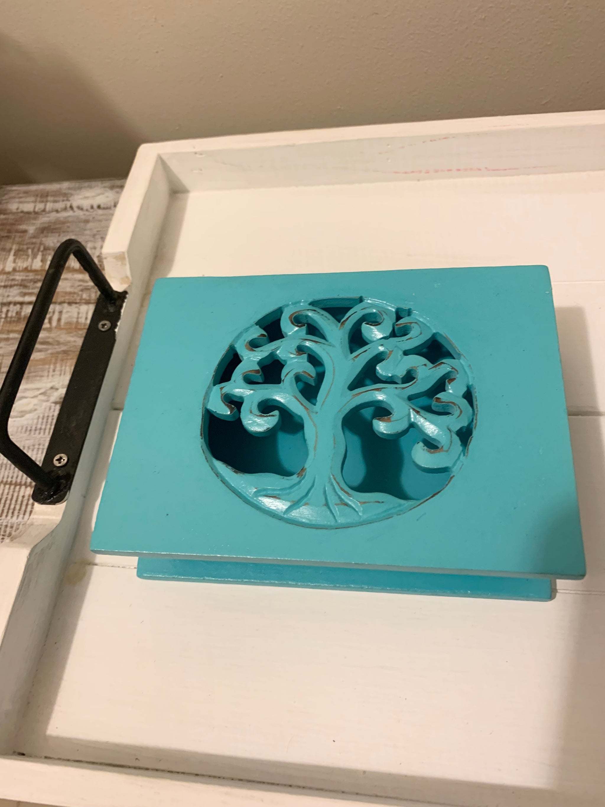 Carved tree of life aqua box with hinged lid. Jewellery / storage. Small