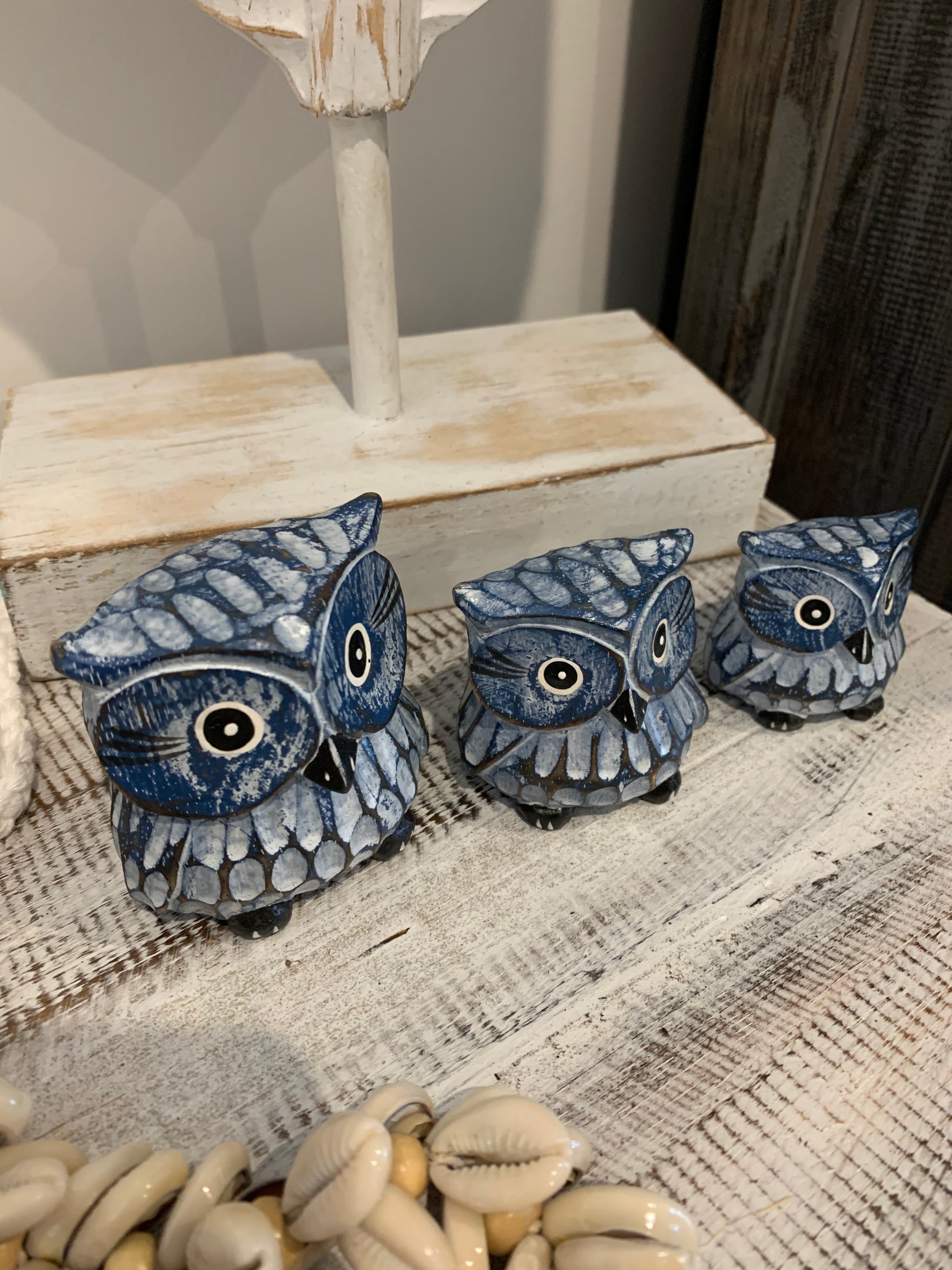 Blue timber owls. Set 3. Handpainted and handcarved.