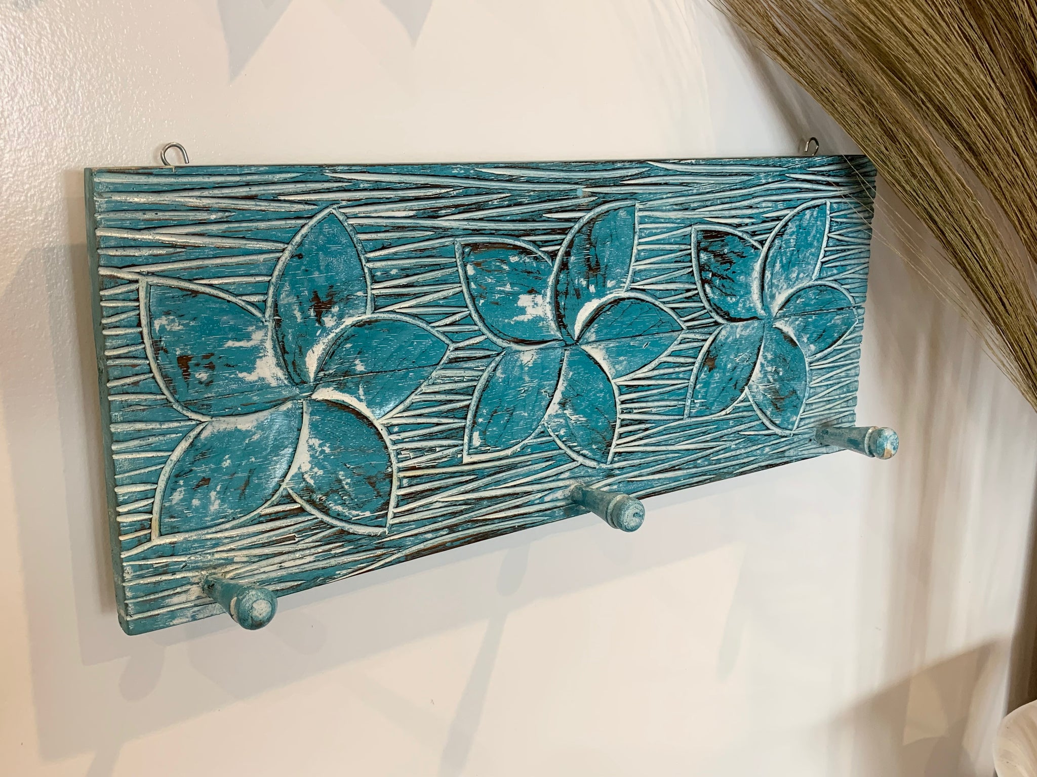 Turquoise blue Flower timber coat rack / hook.