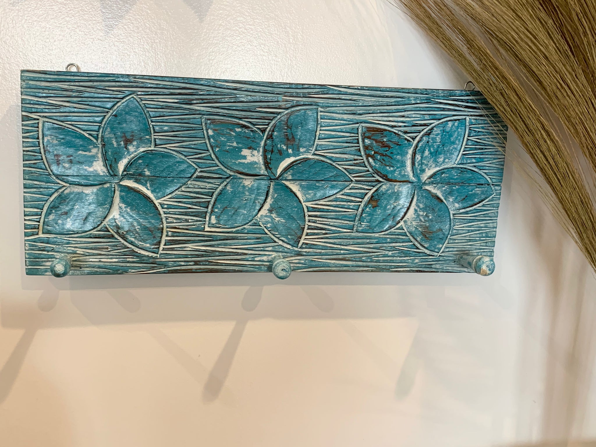 Turquoise blue Flower timber coat rack / hook.