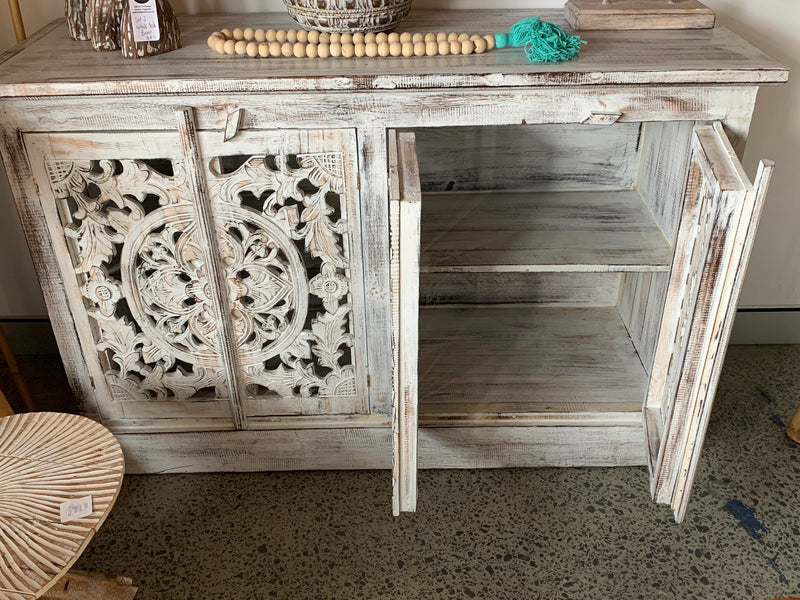 Carved rustic white timber cabinet with 4 doors