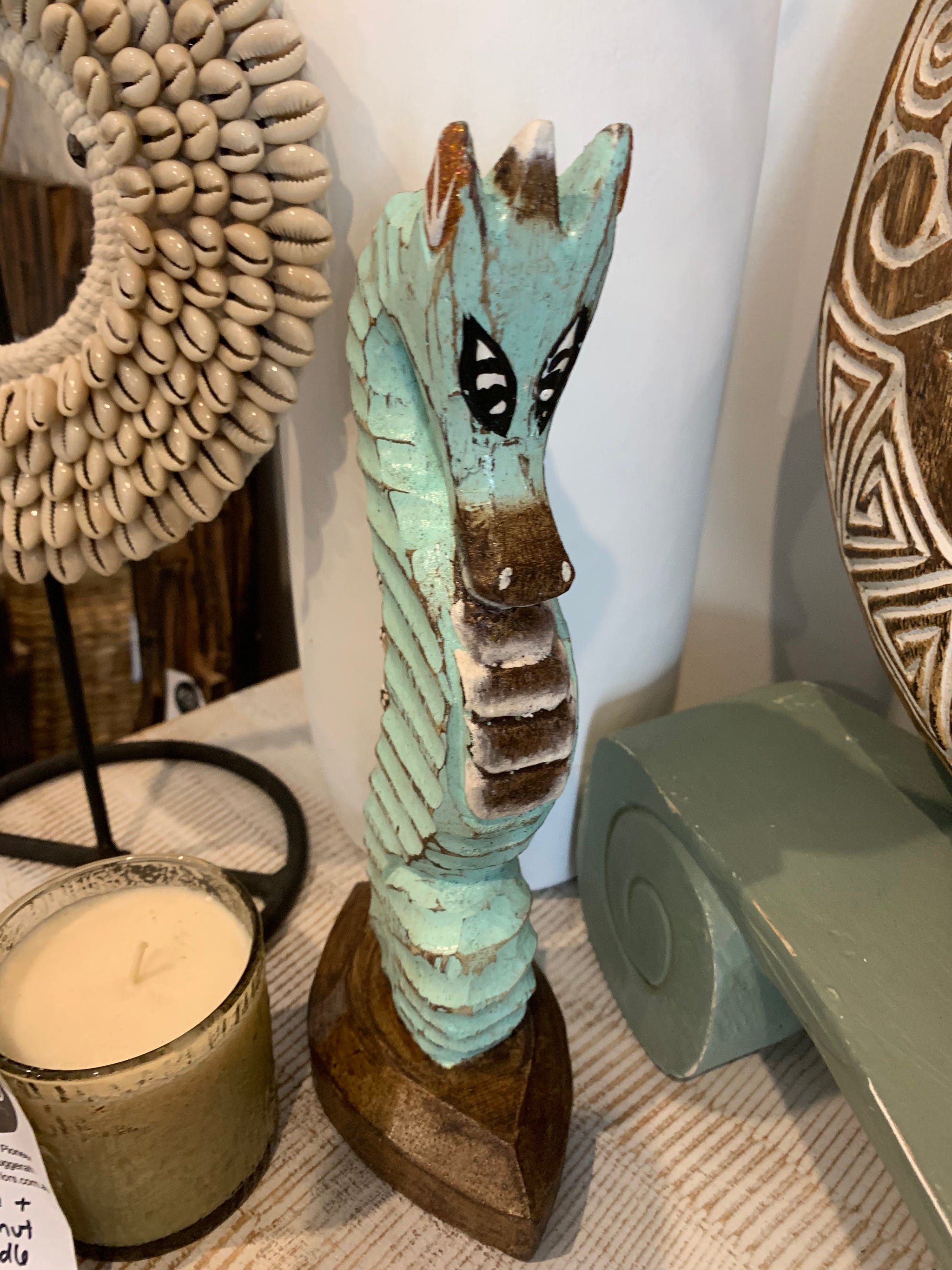 Handpainted turquoise timber seahorse