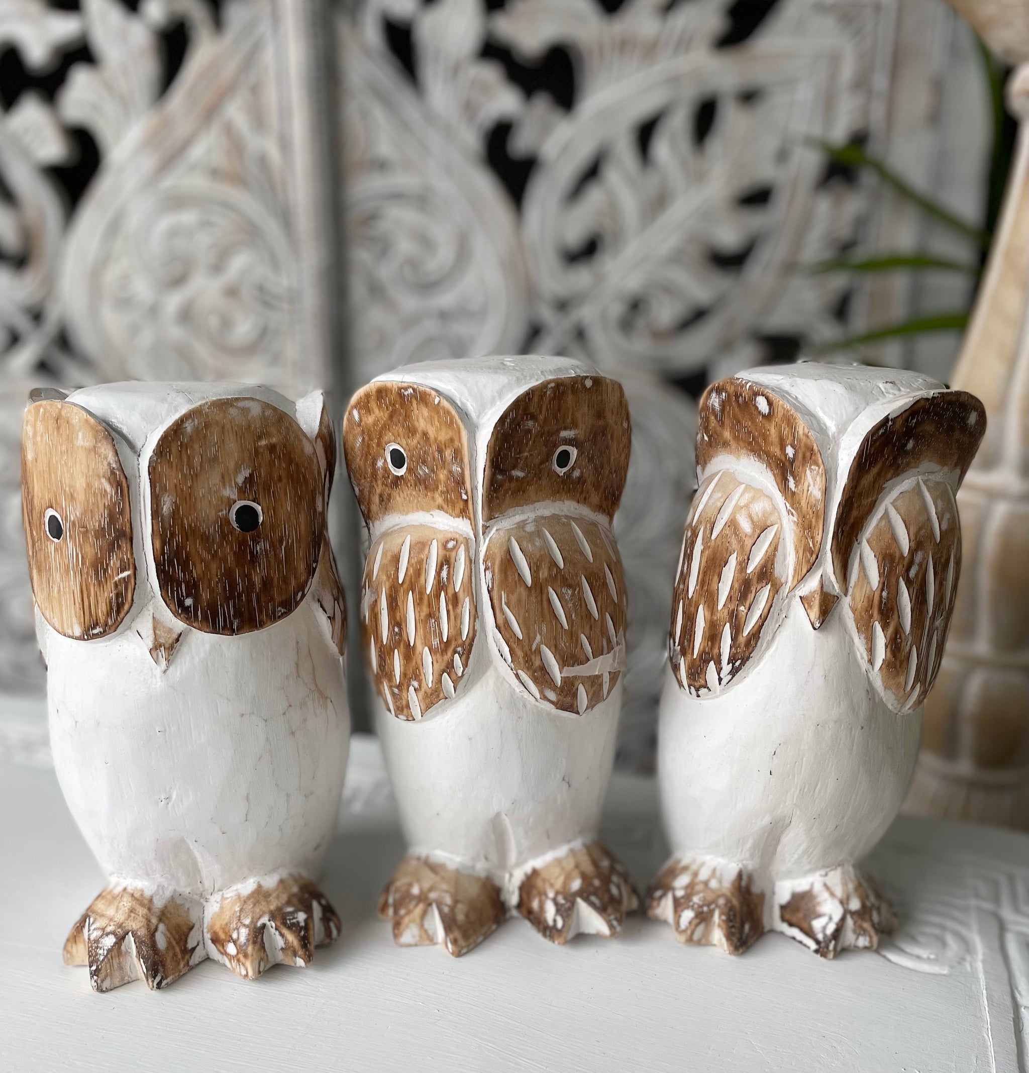 See no evil, hear no evil, speak no evil. Timber owls. Set 3. EOFY sale. Usually $40