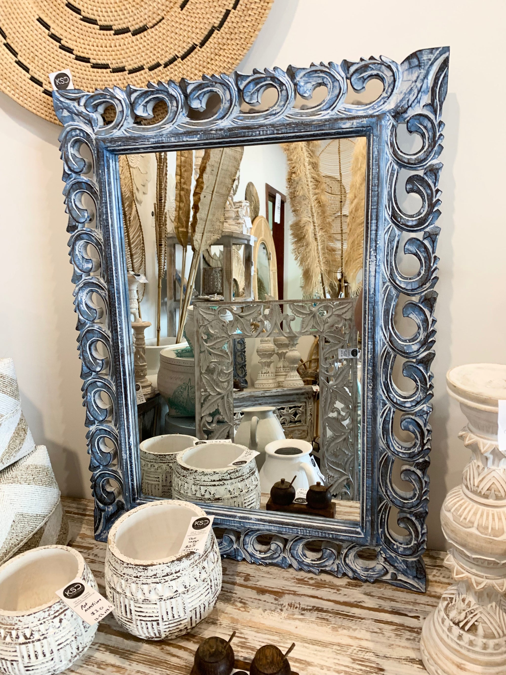 Blue timber mirror