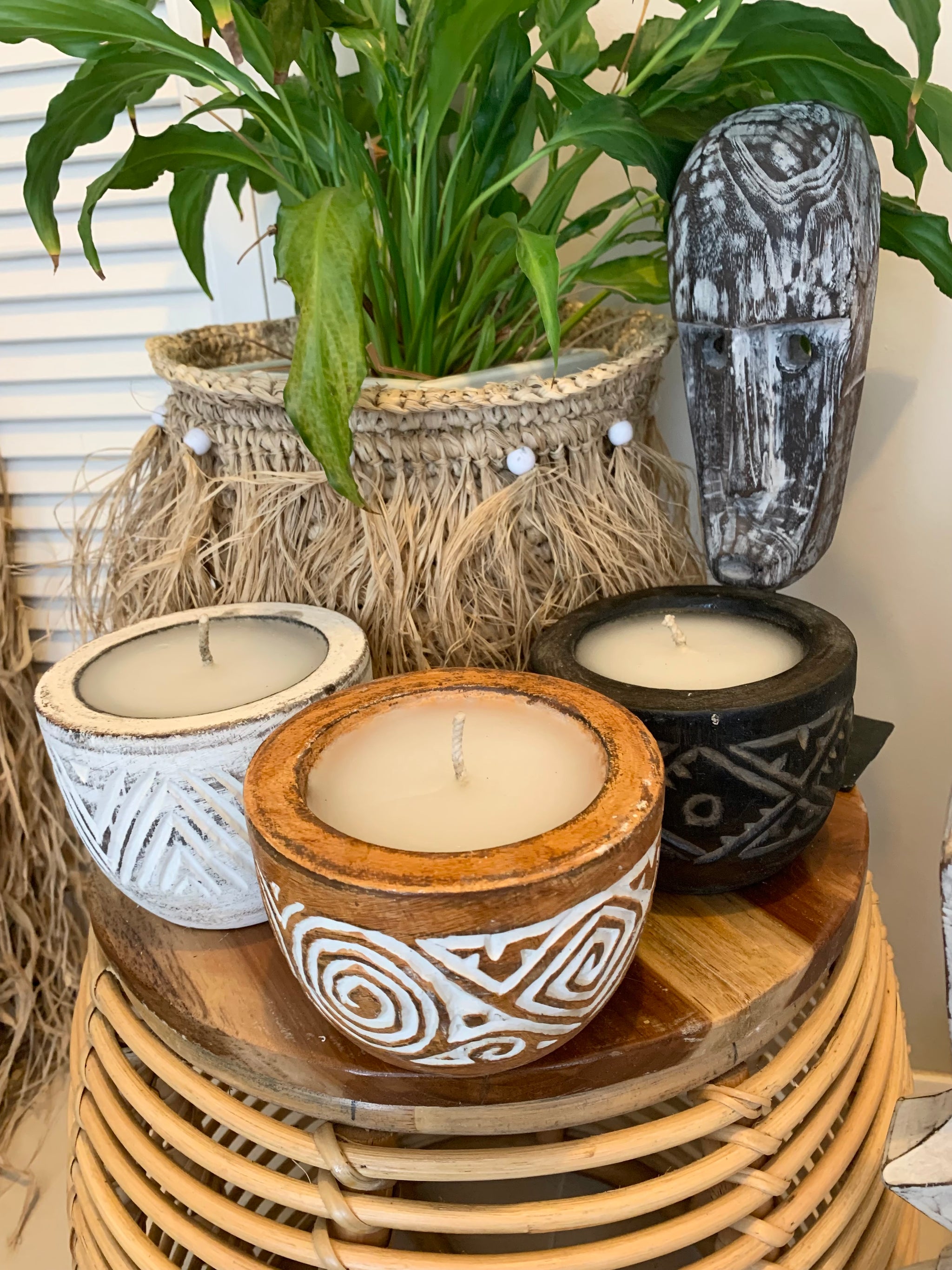 Handcarved timber candle. Available in black or white. $25 each