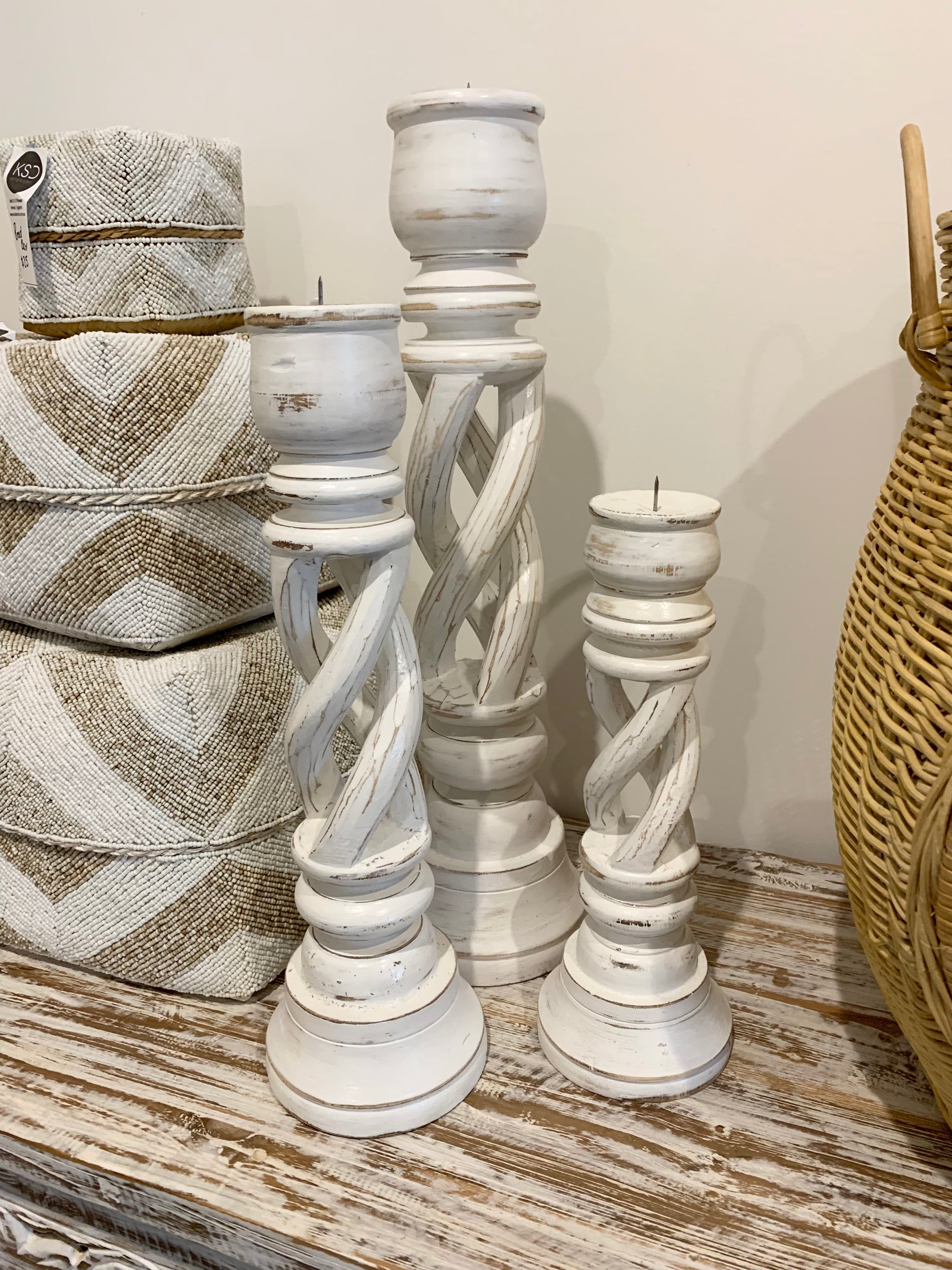 Set 3 timber candlesticks. Rustic white