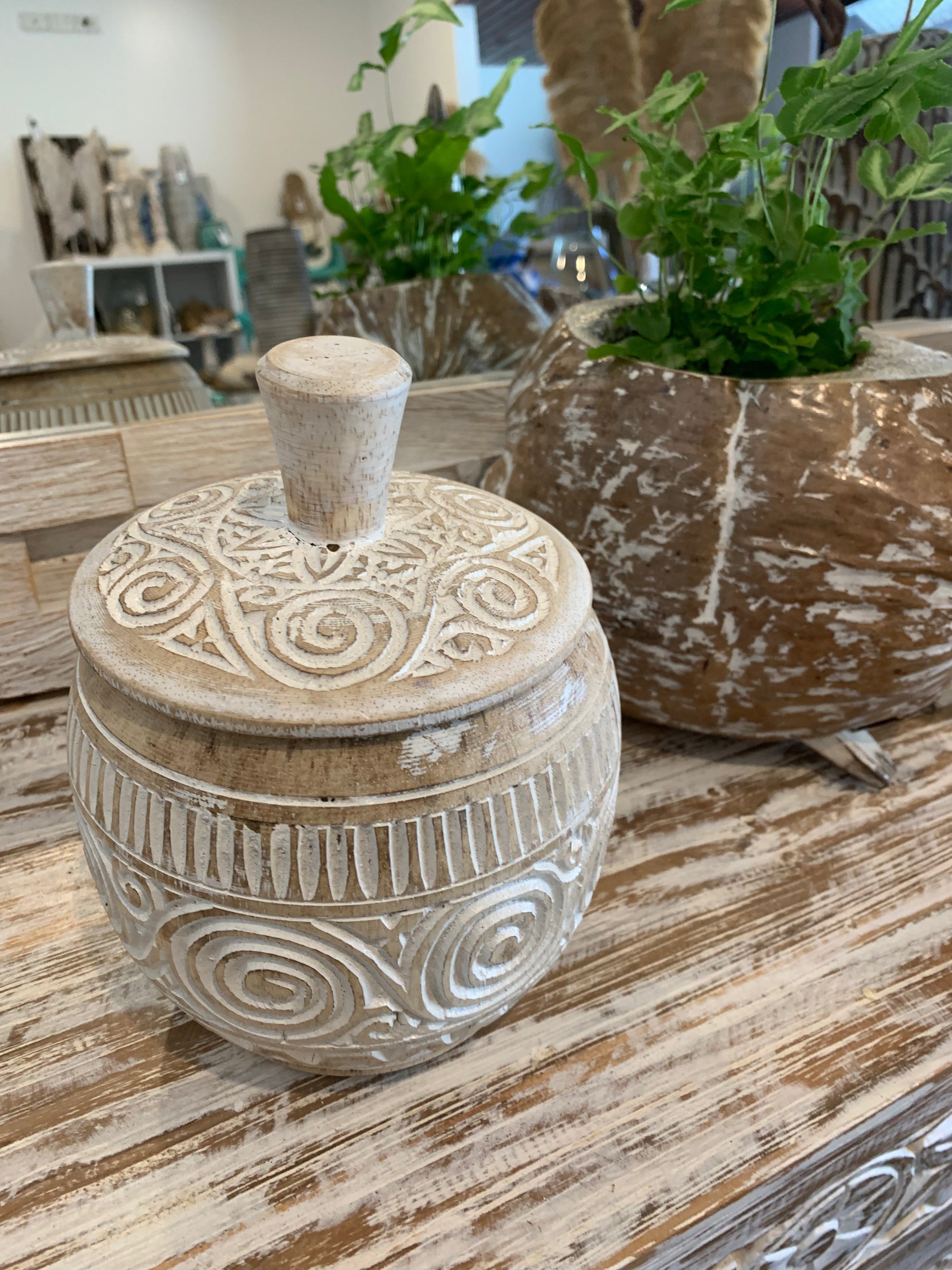 Natural carved timber pot with lid