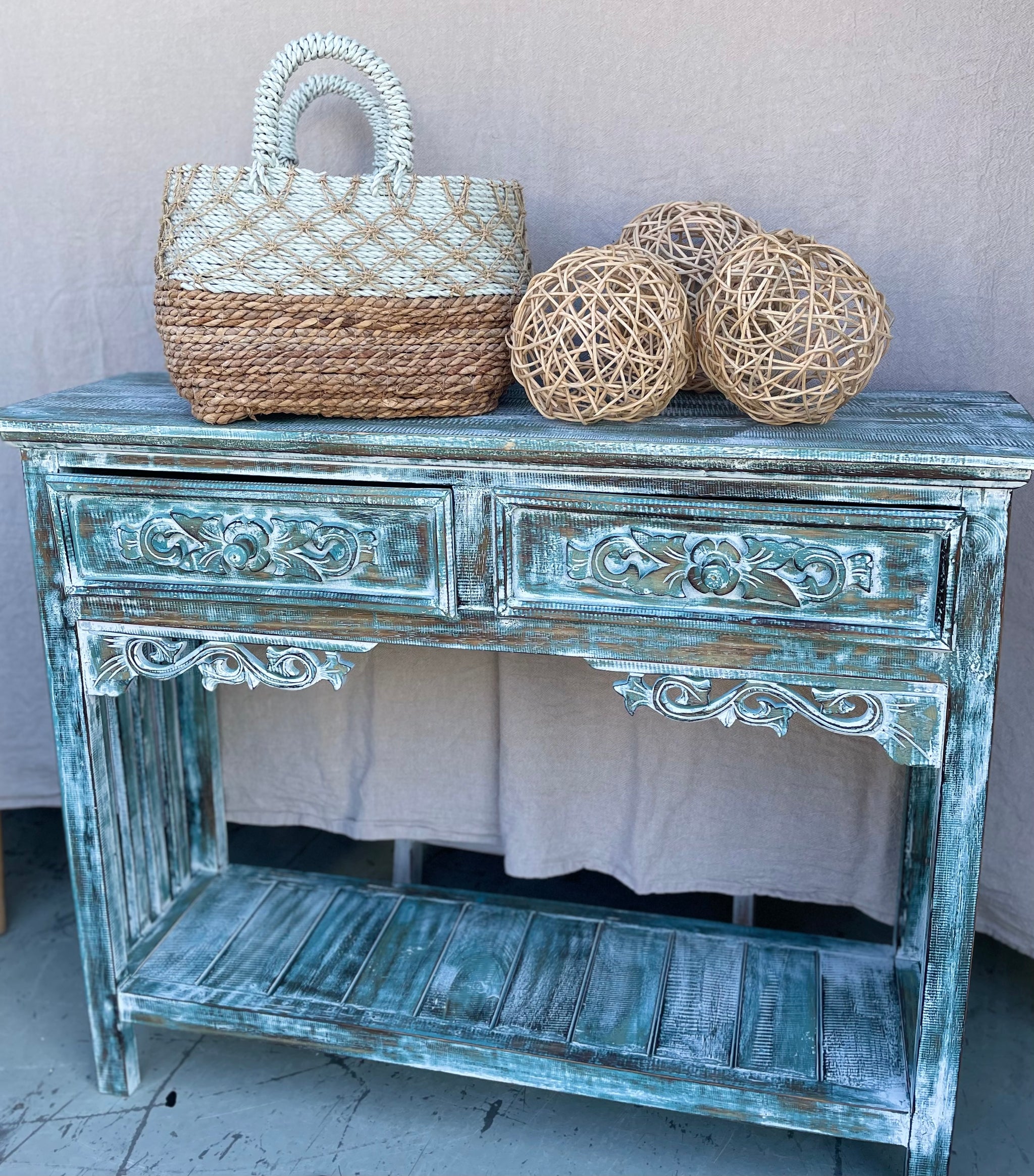 Timber carved sideboard. Green