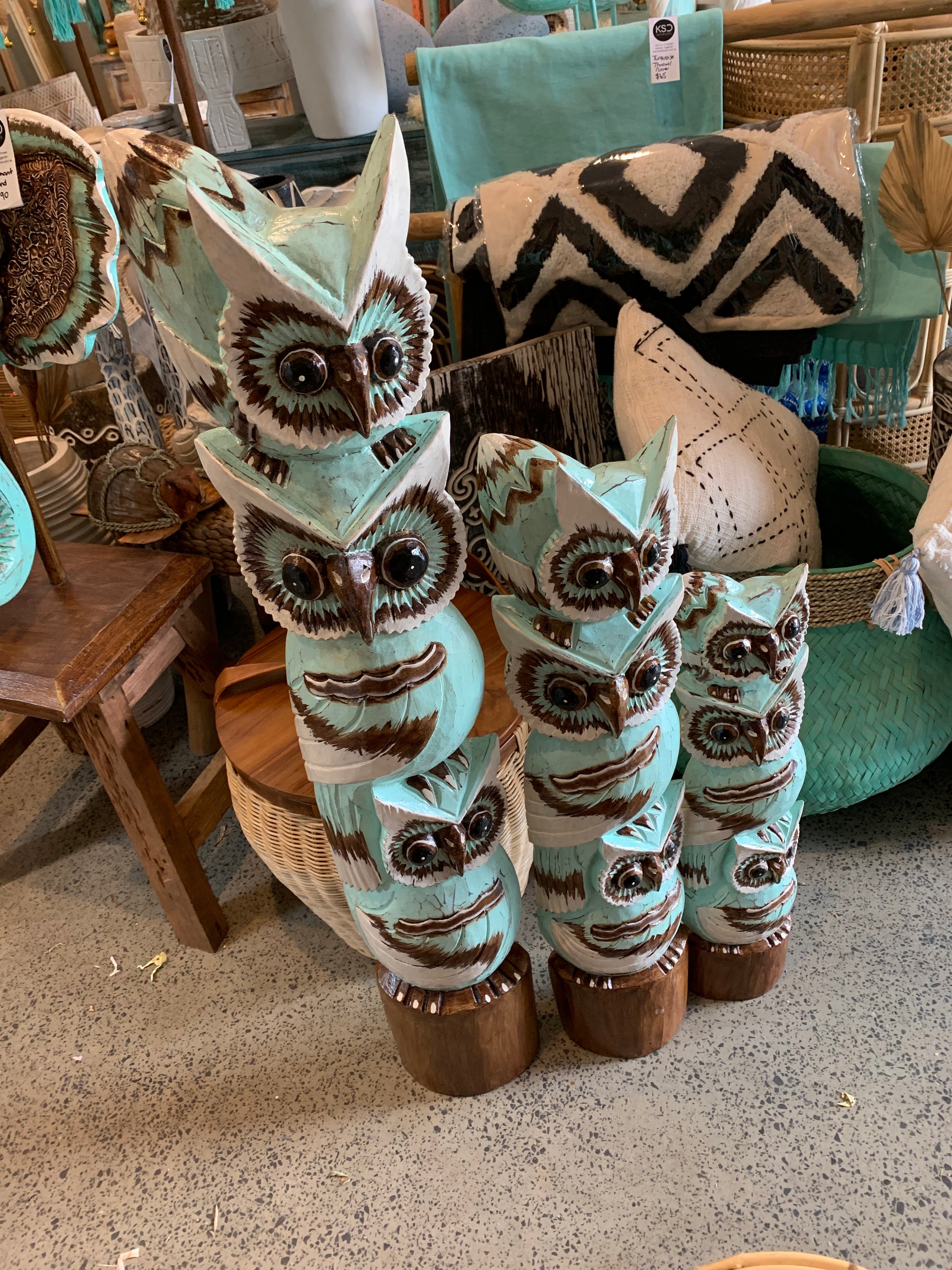 Set 3 Large timber owls. Handpainted. Aqua