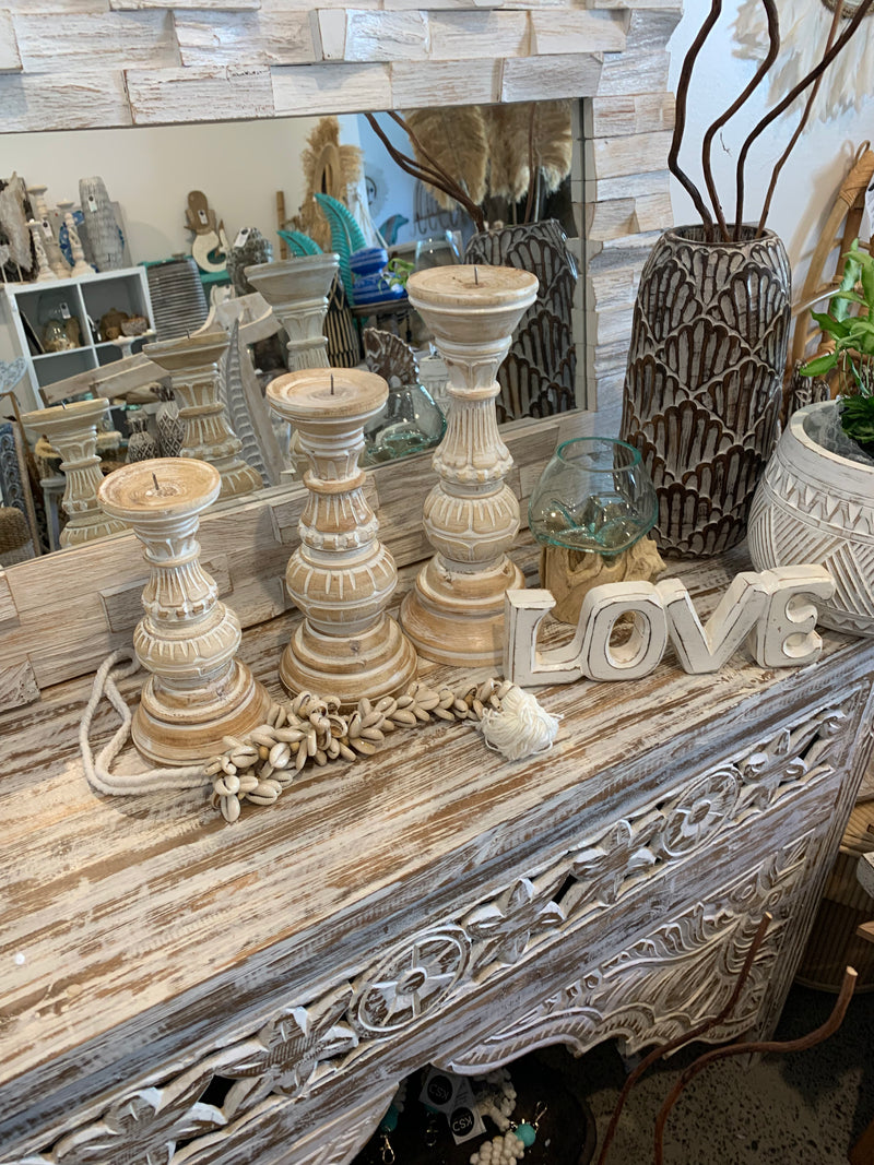 White wash timber candlesticks. Set 3