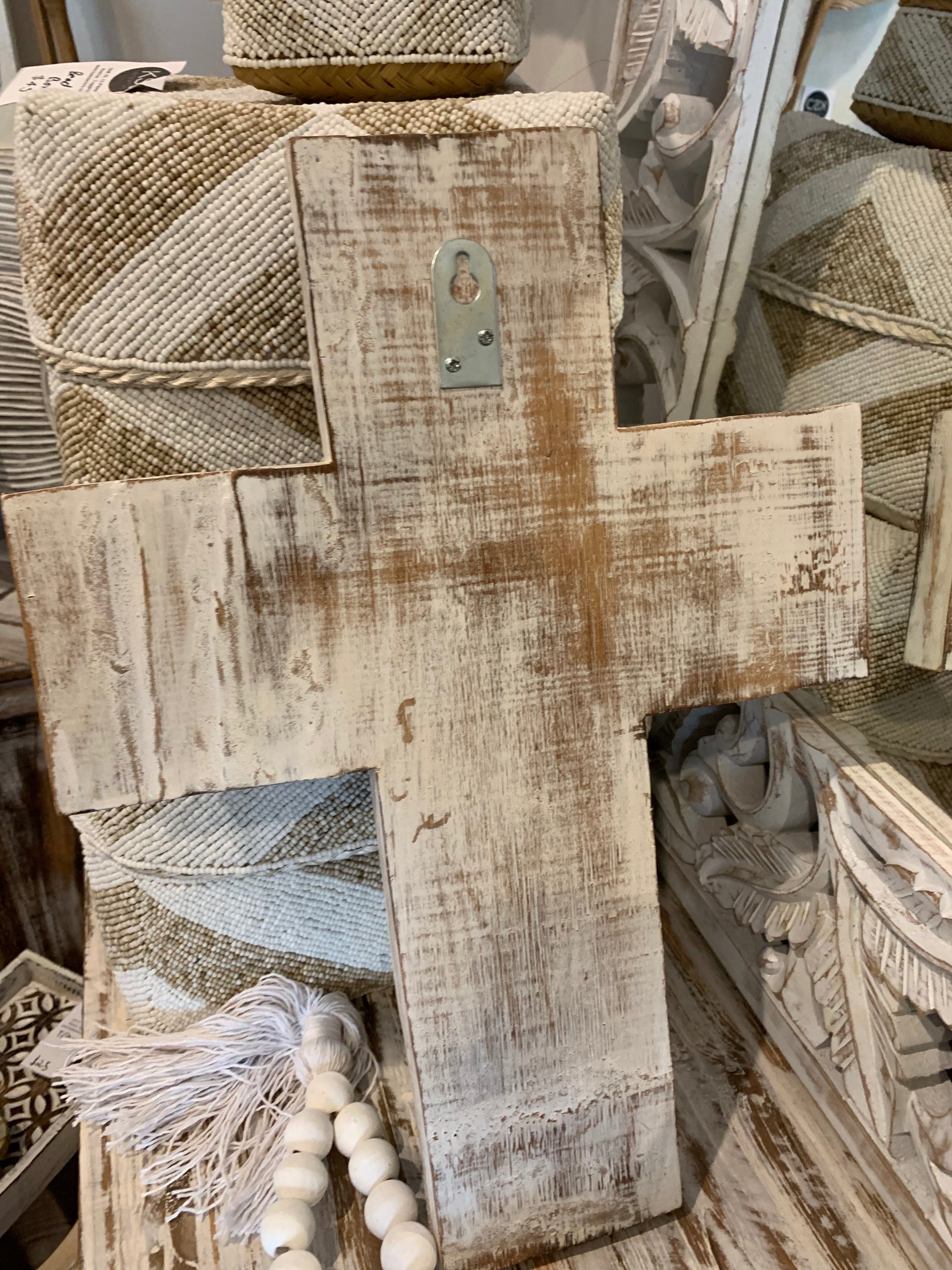 Handcarved timber cross. White wash