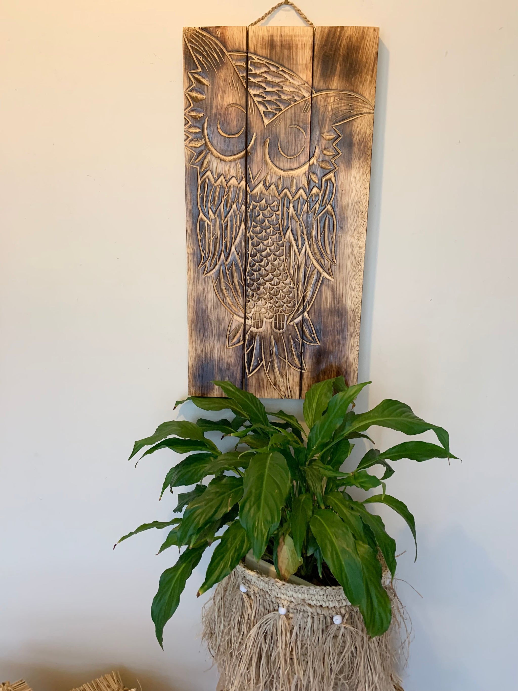 Timber panels wall hanging. Owl painting. Brown