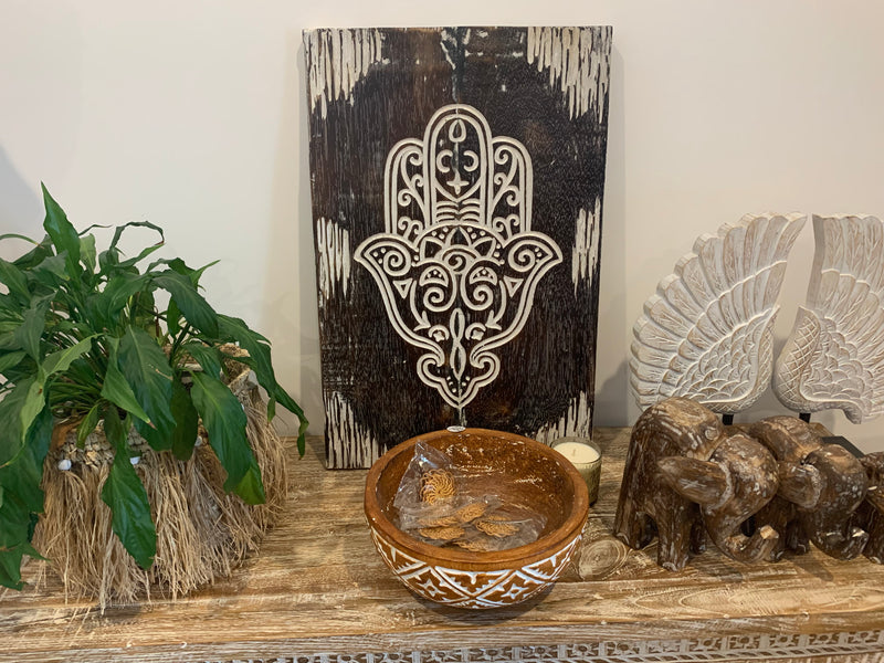 Hamsa hand handcarved timber panel wall hanging.