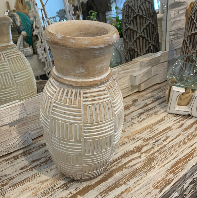 White wash carved timber vase. Large