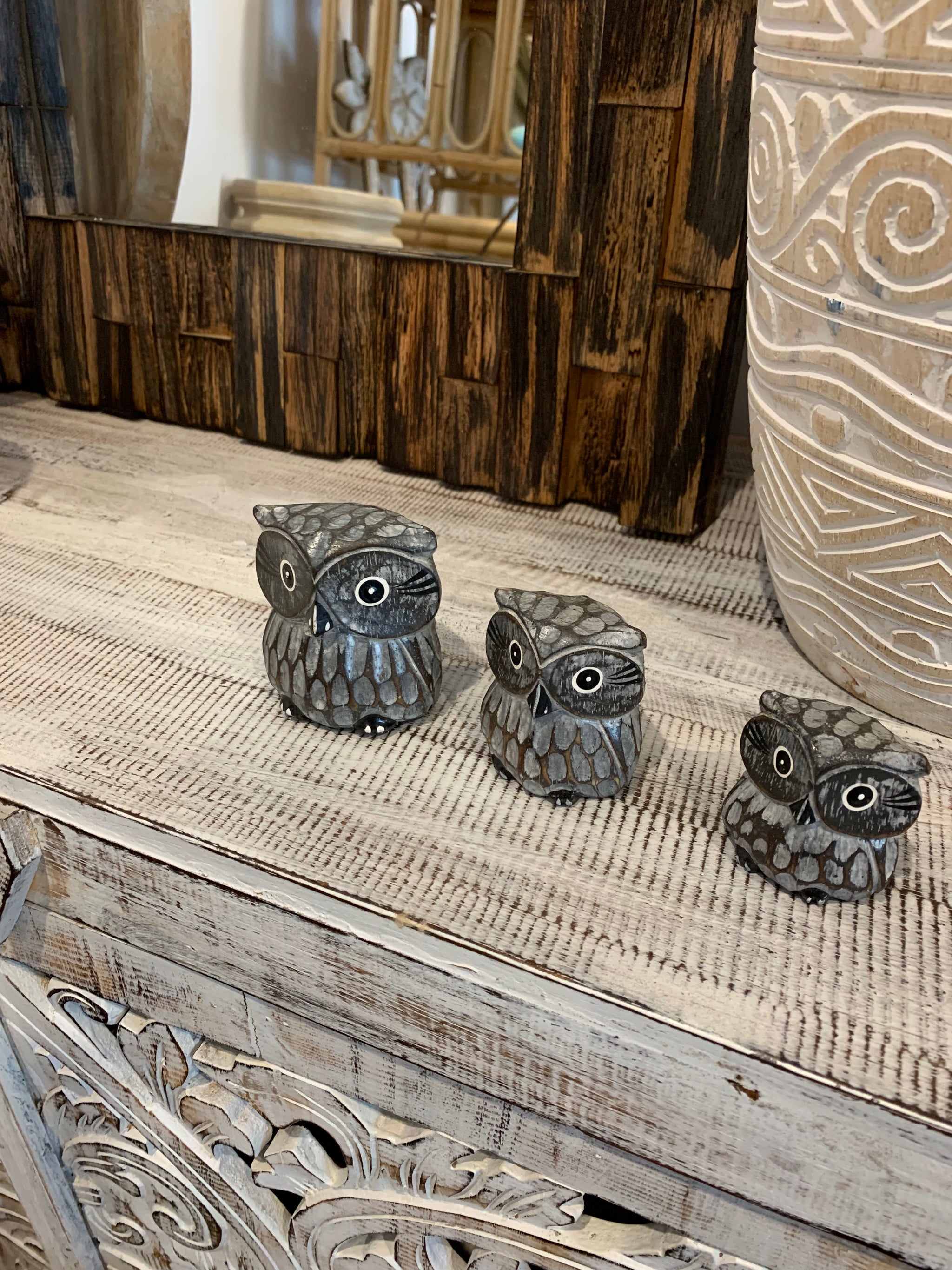 Grey timber owls. Set 3. Handpainted and handcarved.